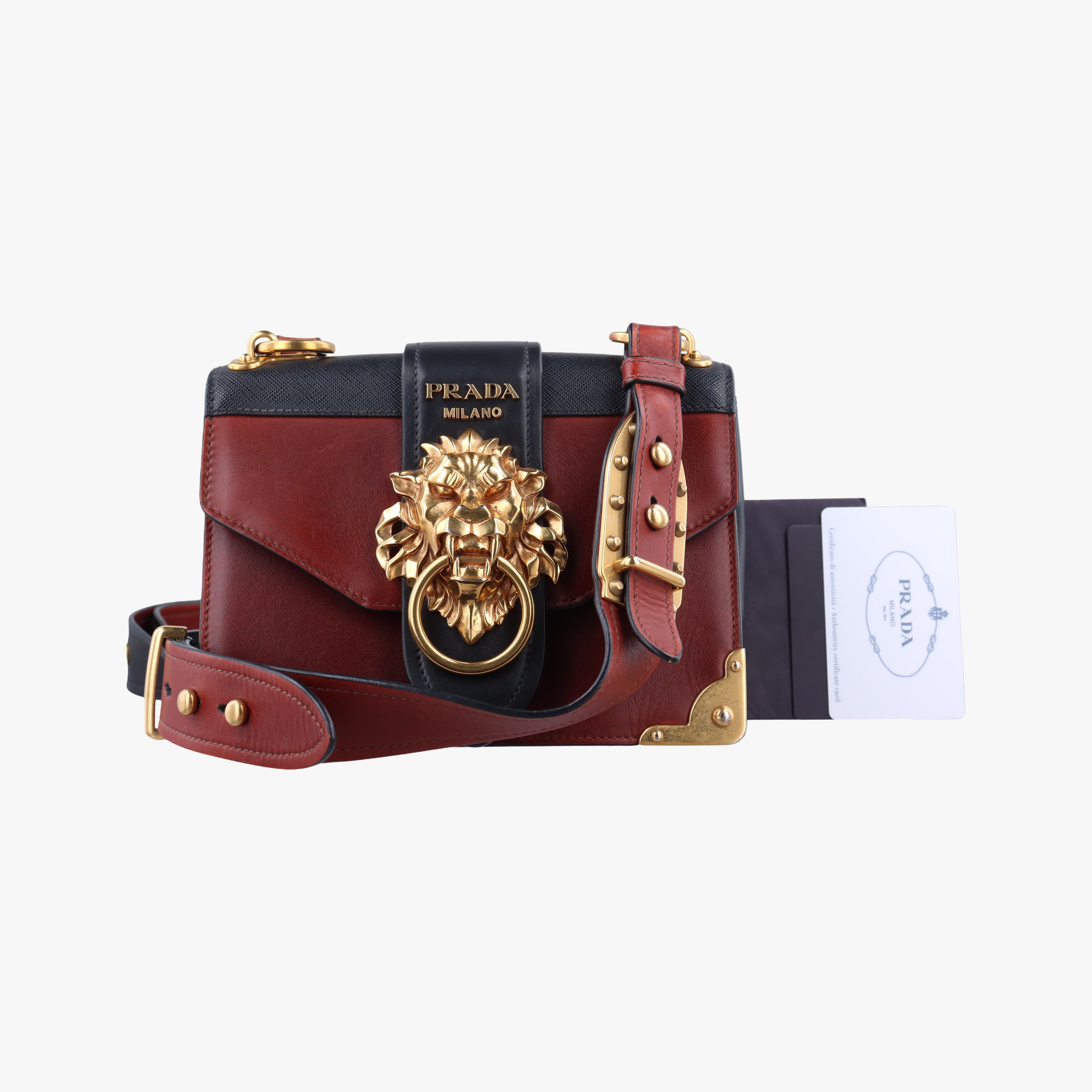 Pre-owned Prada Animalier Cahier Lions Head Brown×black Leather 1BD089 shoulderbag | stylenewstar