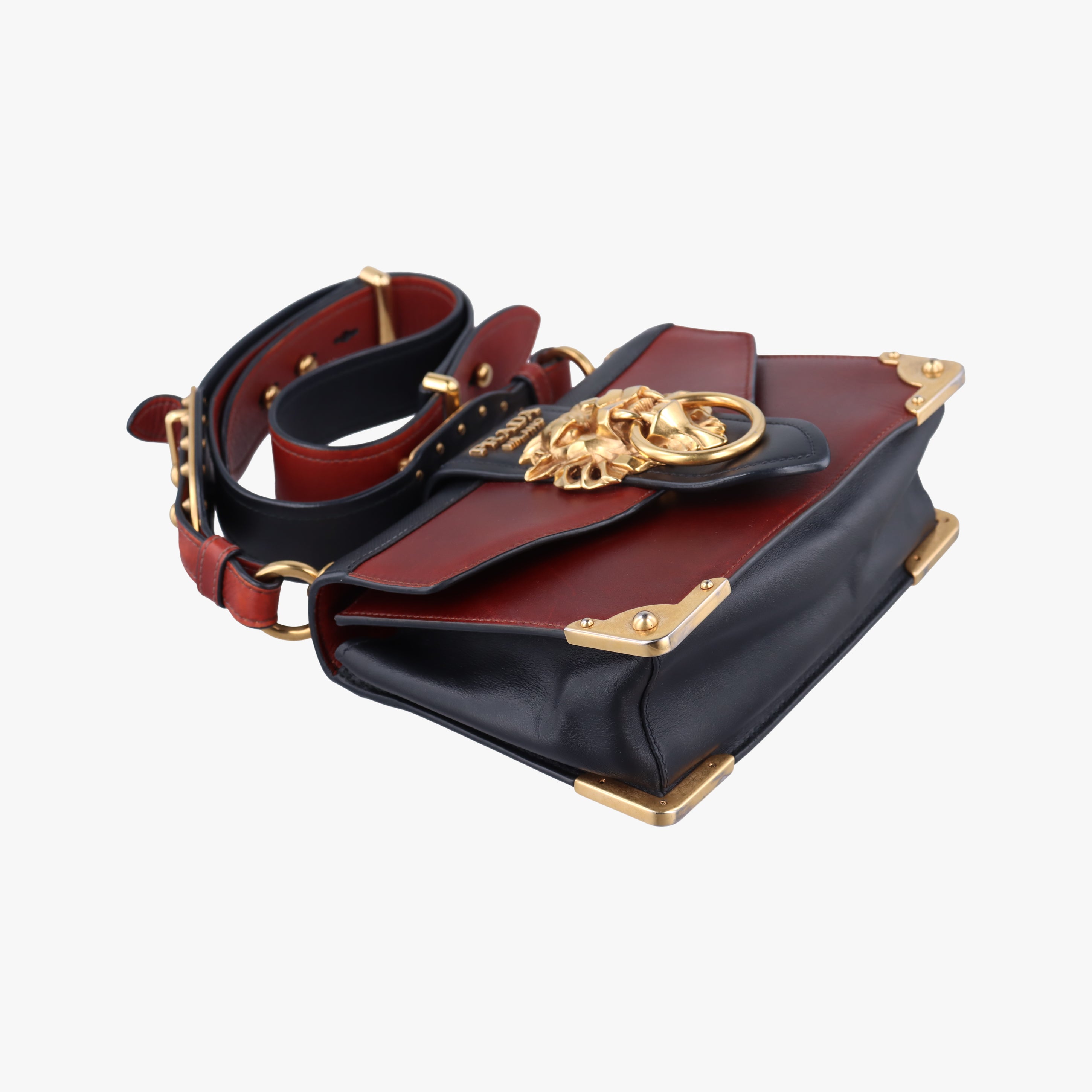 Pre-owned Prada Animalier Cahier Lions Head Brown×black Leather 1BD089 shoulderbag | stylenewstar