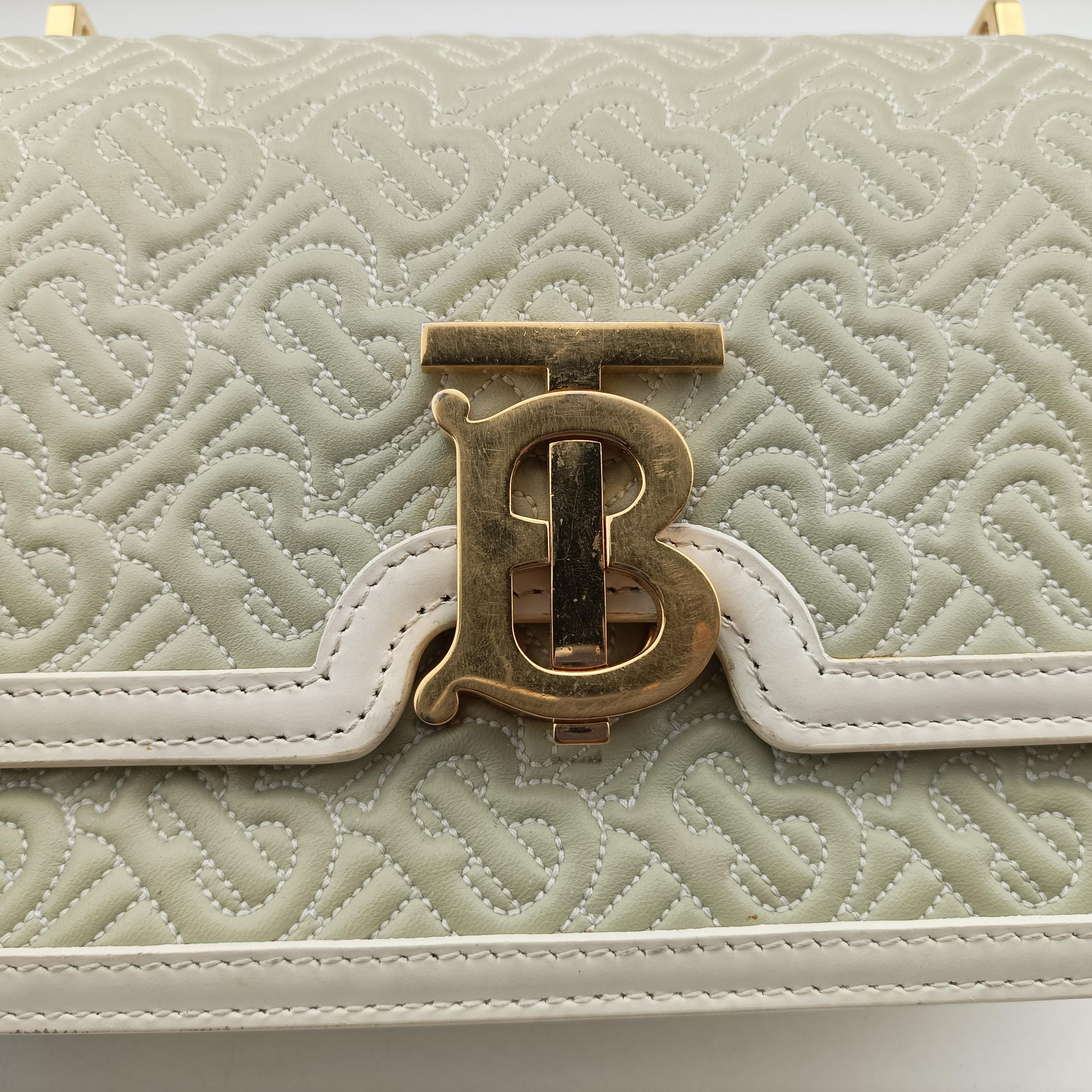 Pre-owned Burberry Monogram Quilted TB Mini Chain White×Green Leather  shoulderbag | stylenewstar