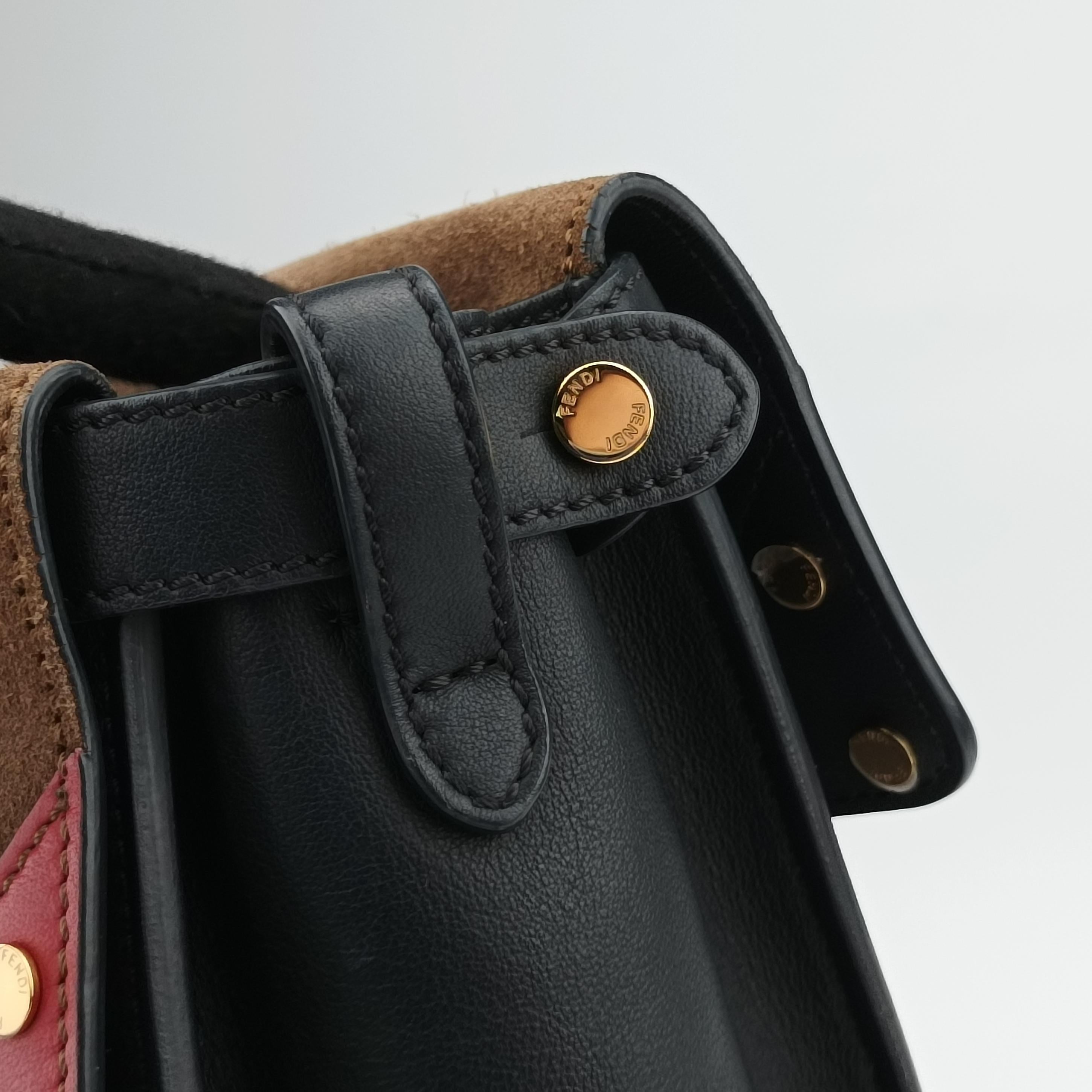 Pre-owned Fendi Flip blackx red x brown Leather× Suede 8BT302 shoulderbag | stylenewstar