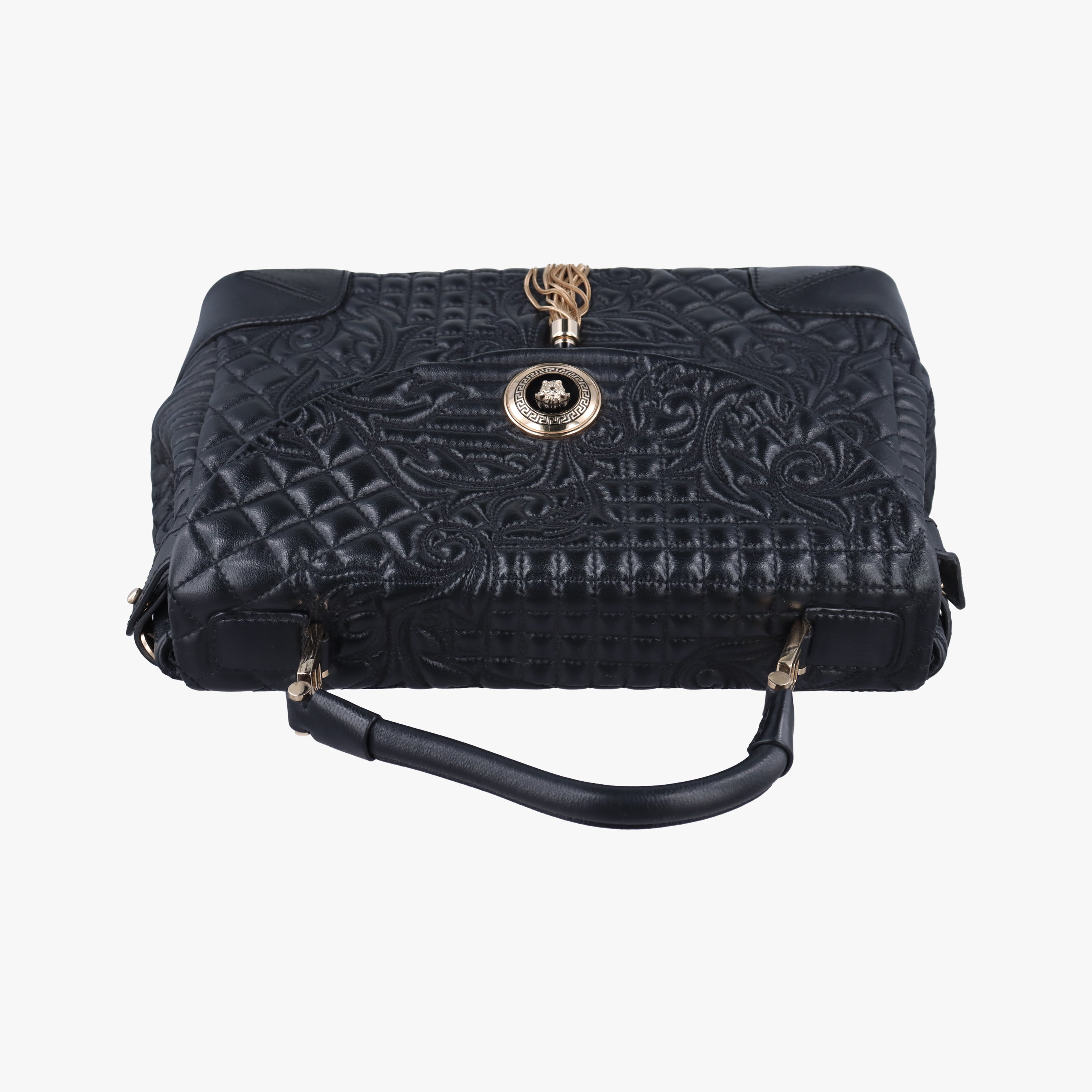 Vintage VERSACE Embossed Leather Talia Vanitas Black Leather  handbag | stylenewstar