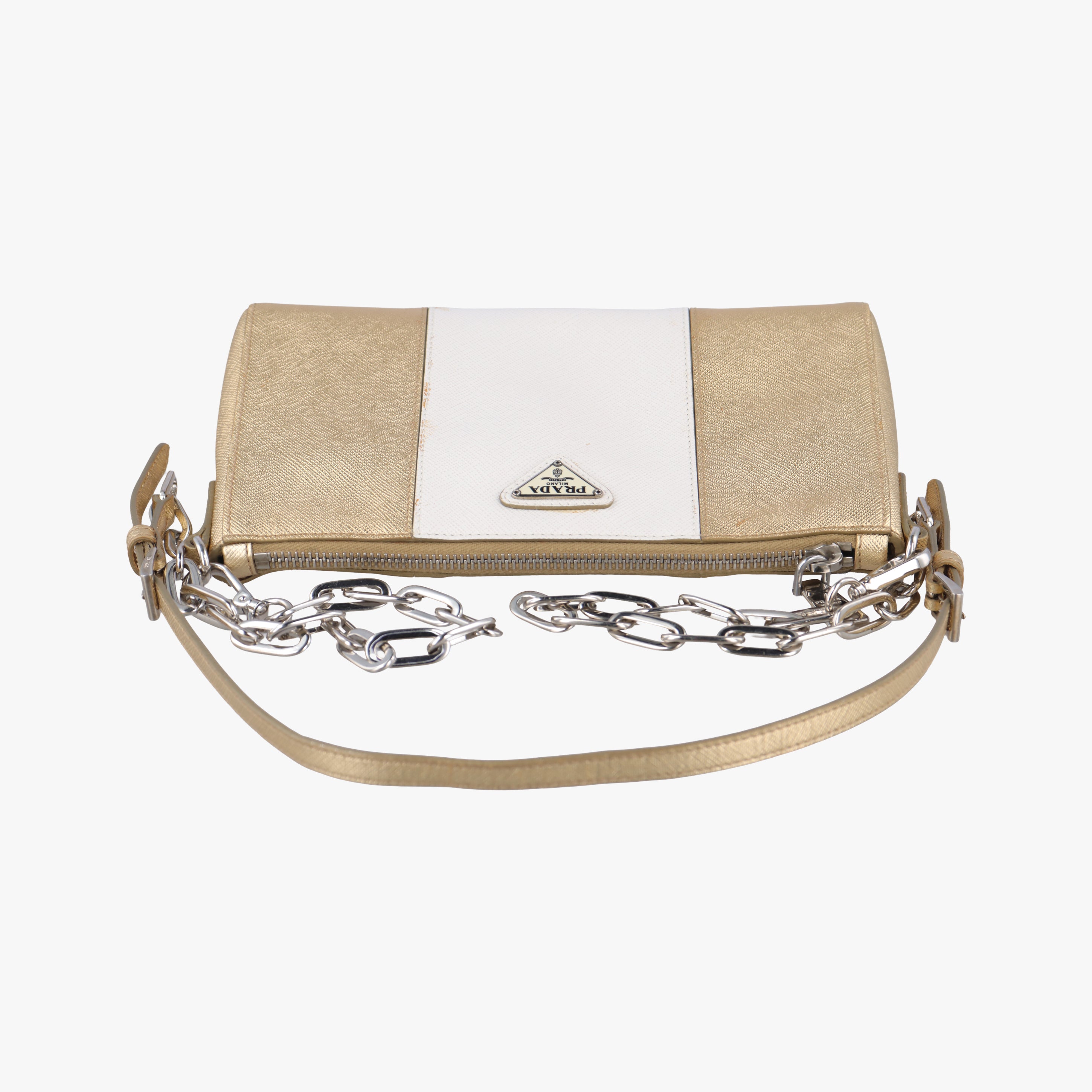 Pre-owned Prada Triangular logo plate Golden×White SAFFIANO Leather BT947C shoulderbag | stylenewstar