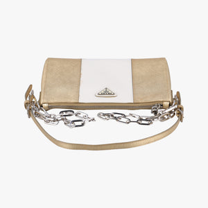 Pre-owned Prada Triangular logo plate Golden×White SAFFIANO Leather BT947C shoulderbag | stylenewstar