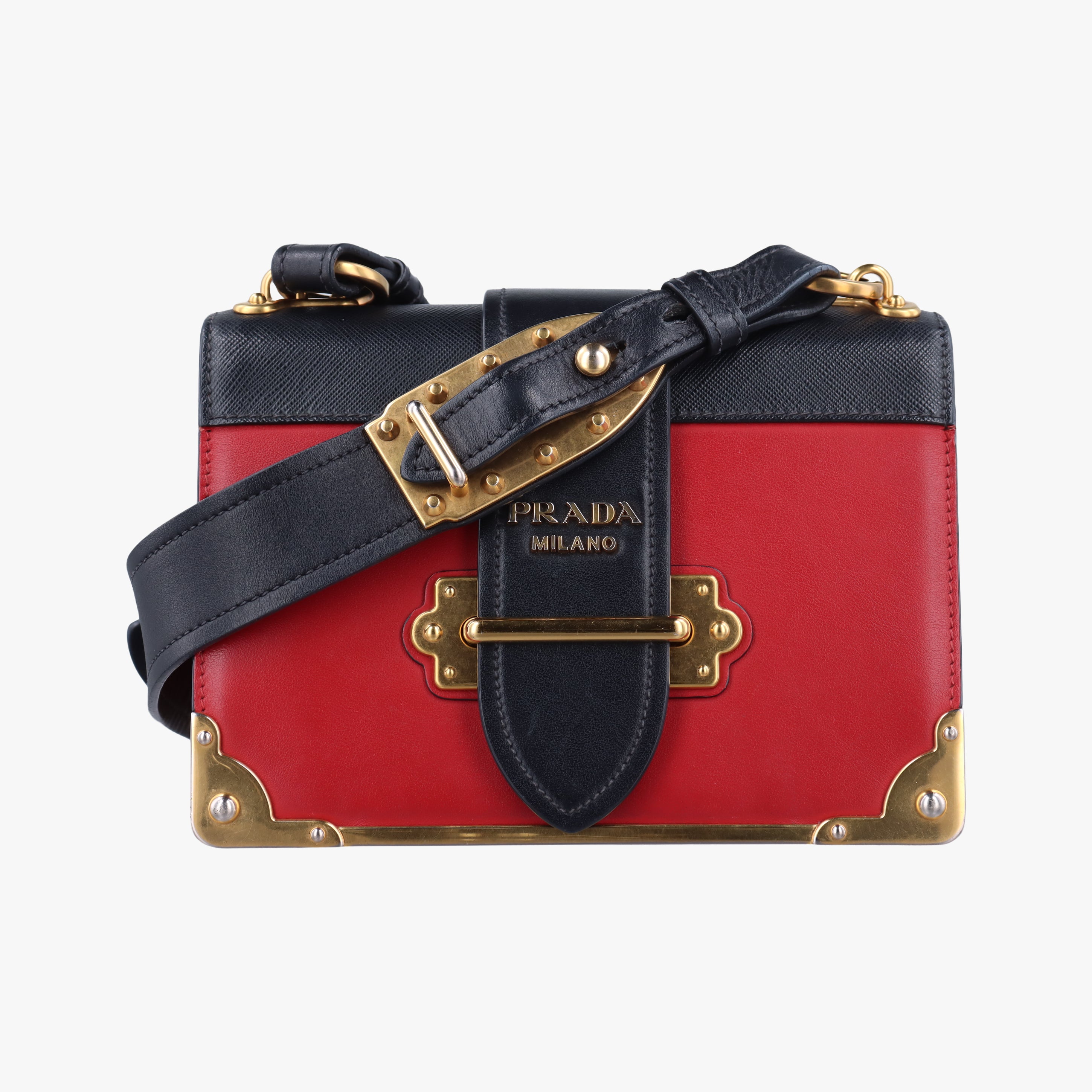 Pre-owned Prada Cahier Red x Black Leather 1BD045 shoulderbag | stylenewstar