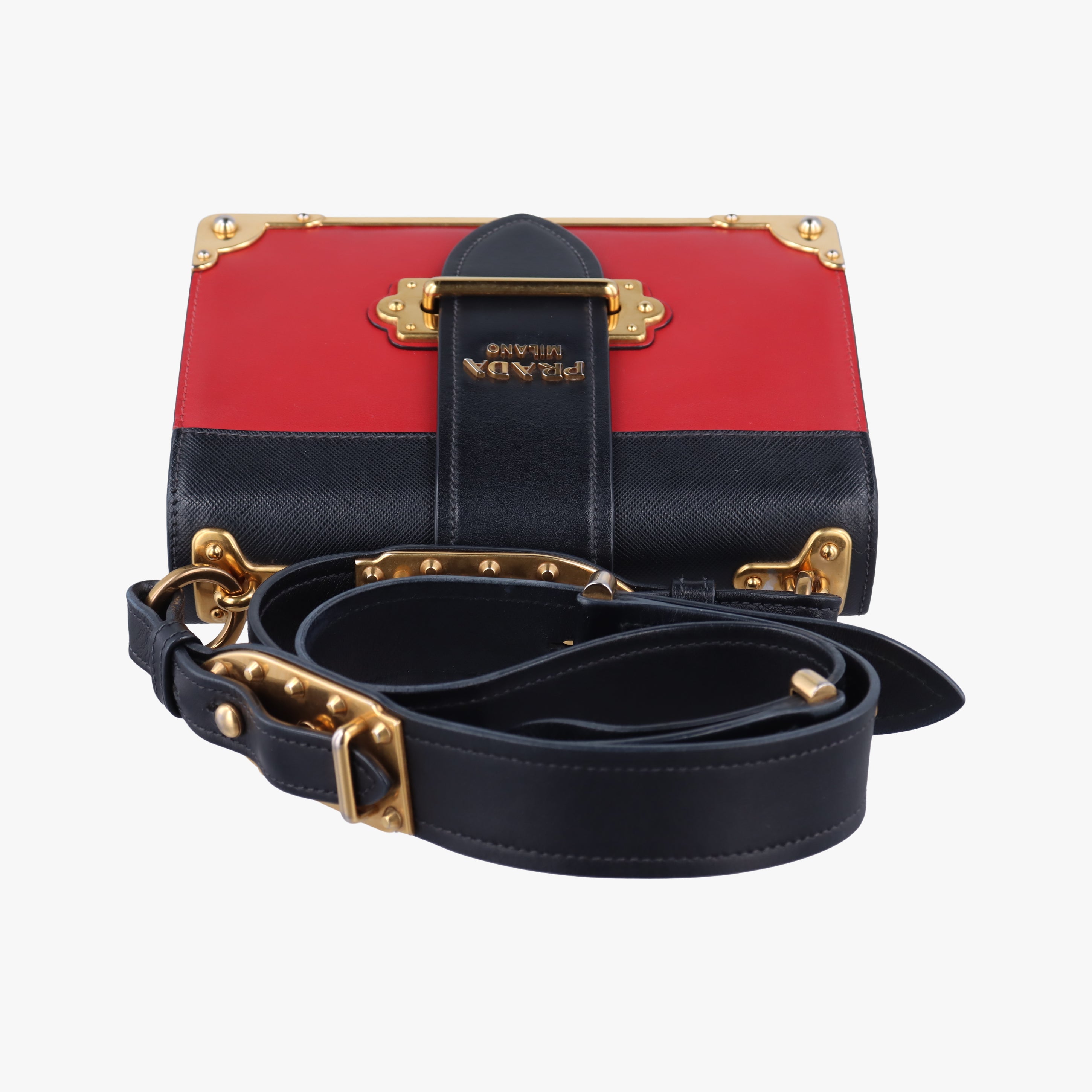 Pre-owned Prada Cahier Red x Black Leather 1BD045 shoulderbag | stylenewstar