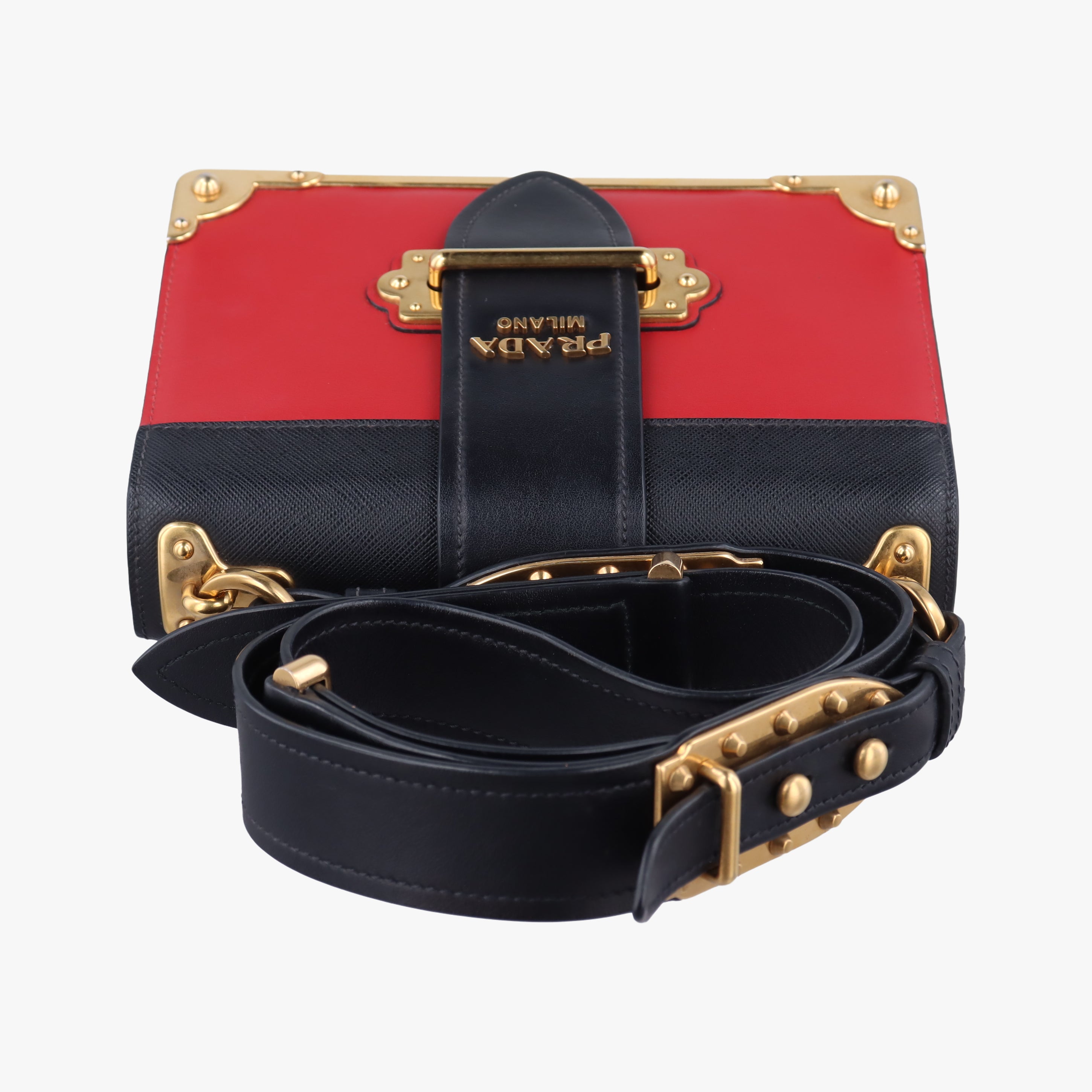 Pre-owned Prada Cahier Red x Black Leather 1BD045 shoulderbag | stylenewstar