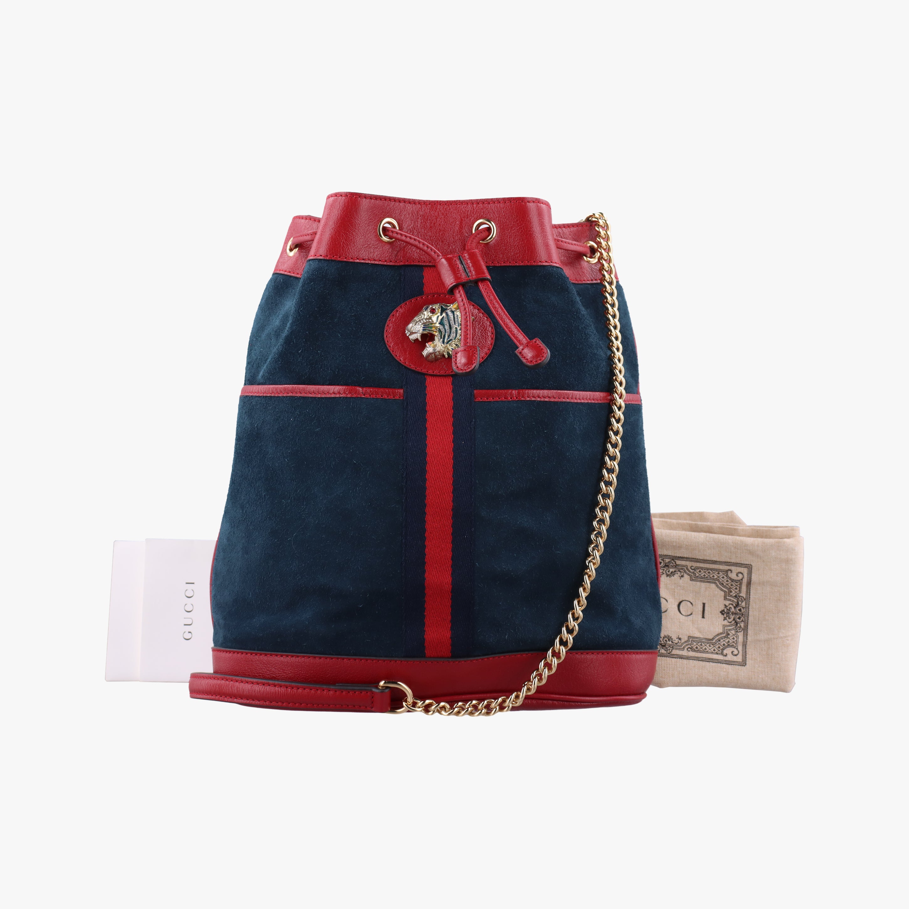 Pre-owned Gucci Rajah WEB Tiger Bucket Navy×red Suede x leather 553961 shoulderbag | stylenewstar