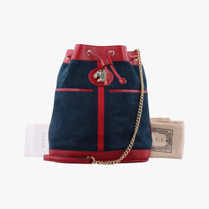 Pre-owned Gucci Rajah WEB Tiger Bucket Navy×red Suede x leather 553961 shoulderbag | stylenewstar
