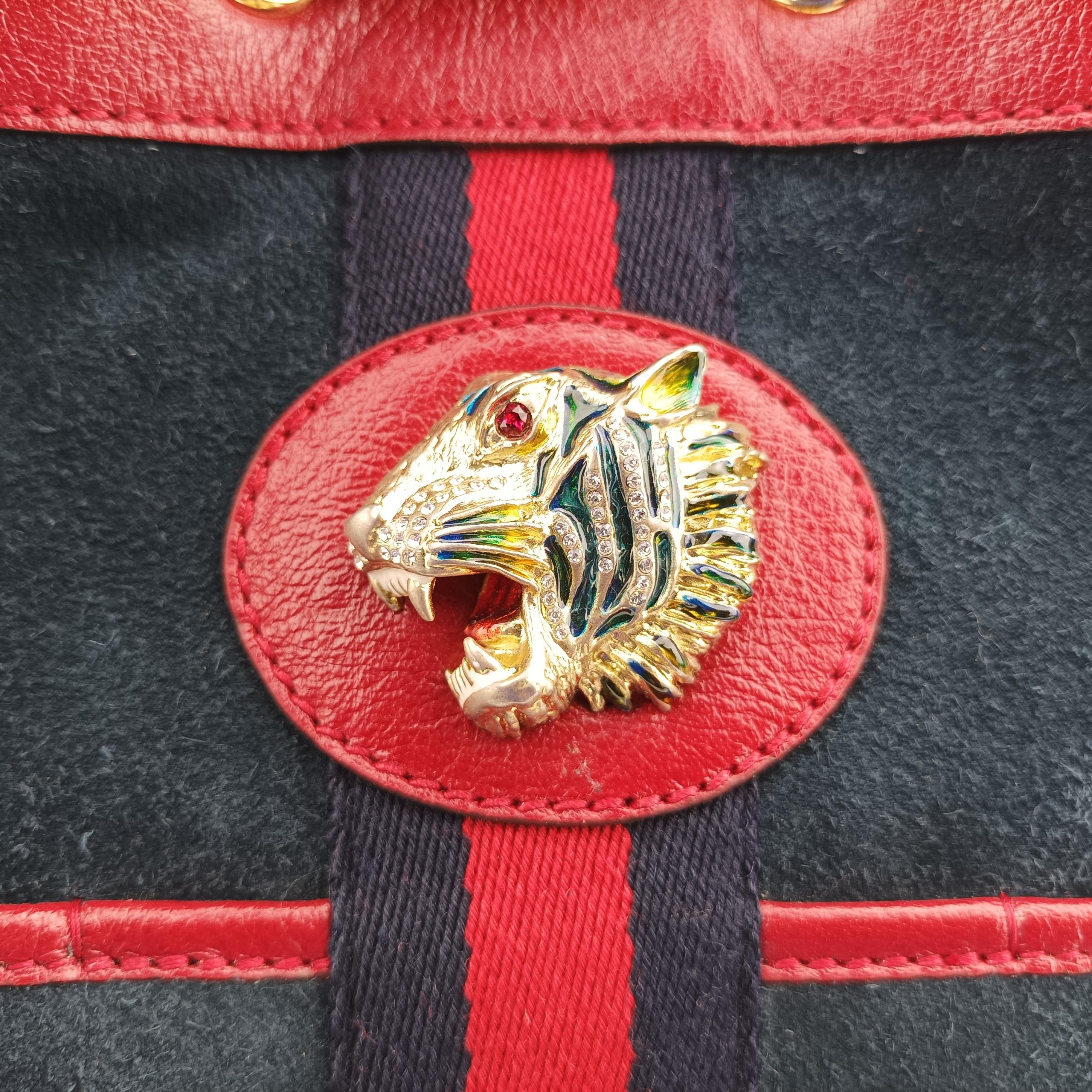 Pre-owned Gucci Rajah WEB Tiger Bucket Navy×red Suede x leather 553961 shoulderbag | stylenewstar