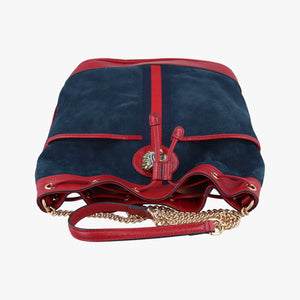 Pre-owned Gucci Rajah WEB Tiger Bucket Navy×red Suede x leather 553961 shoulderbag | stylenewstar