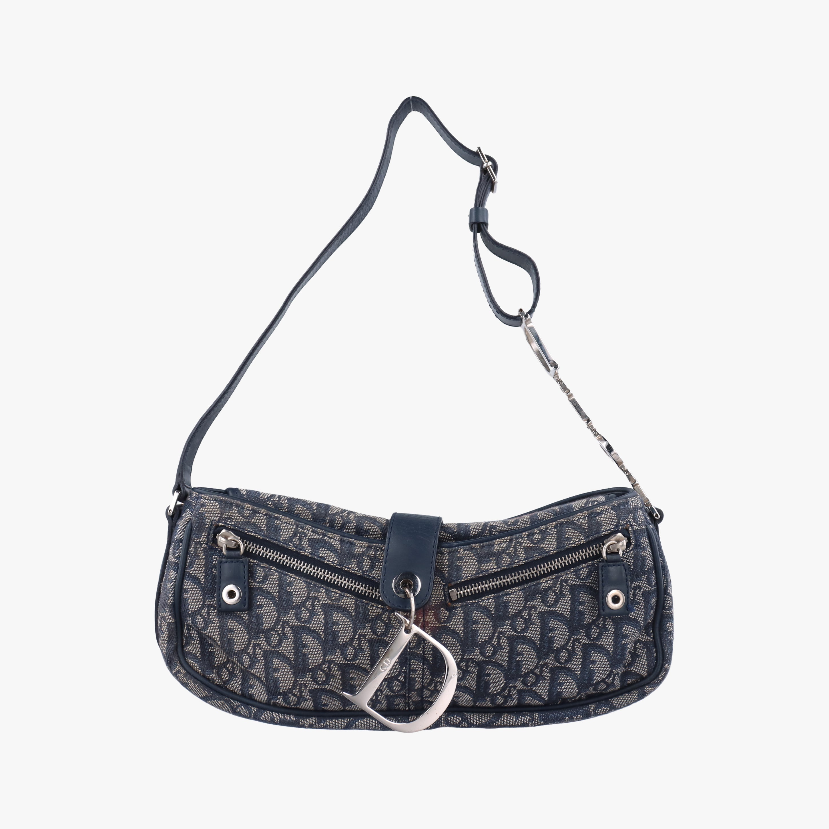 Secondhand Christian Dior Trotter D Charm Trimmed Diorissimo Pochette Navy × Ivory Jacquard × Leather  shoulderbag | stylenewstar