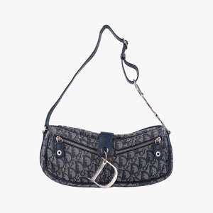 Secondhand Christian Dior Trotter D Charm Trimmed Diorissimo Pochette Navy × Ivory Jacquard × Leather  shoulderbag | stylenewstar
