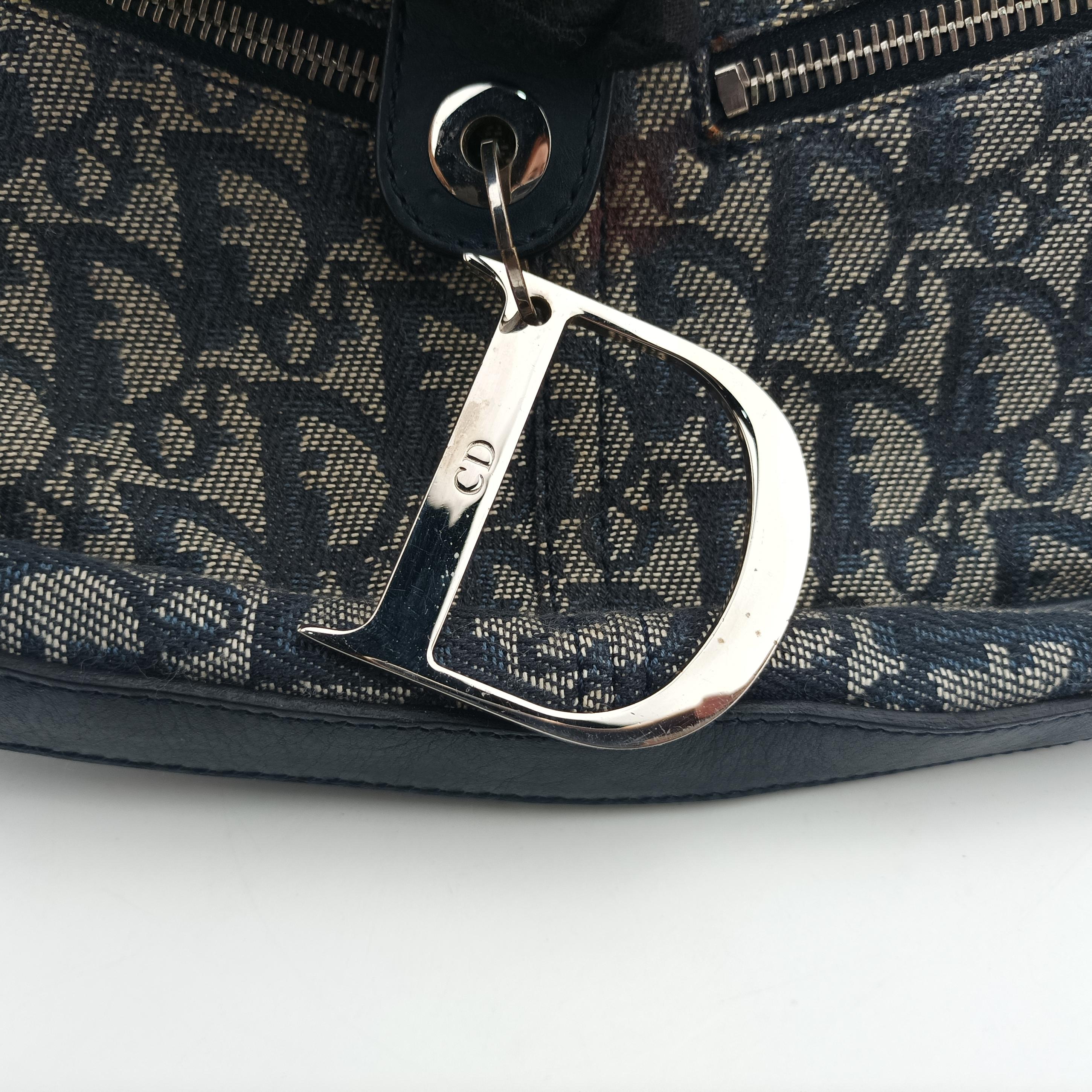 Secondhand Christian Dior Trotter D Charm Trimmed Diorissimo Pochette Navy × Ivory Jacquard × Leather  shoulderbag | stylenewstar