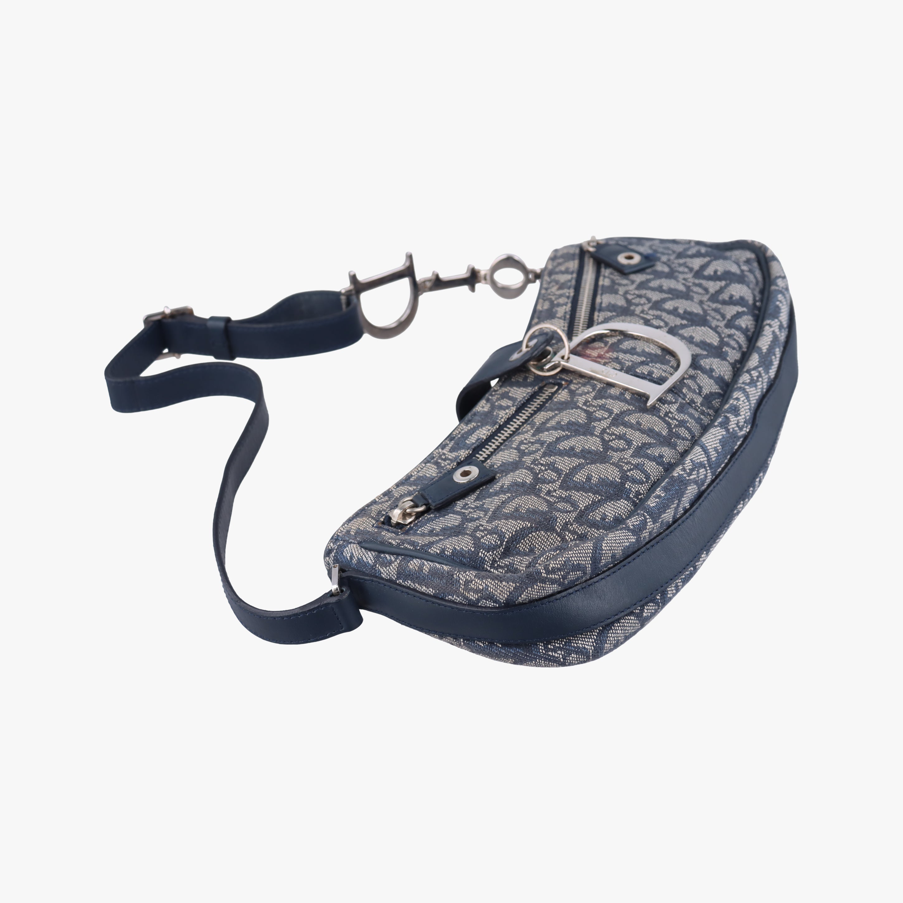 Secondhand Christian Dior Trotter D Charm Trimmed Diorissimo Pochette Navy × Ivory Jacquard × Leather  shoulderbag | stylenewstar