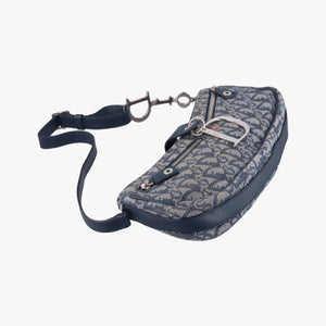 Secondhand Christian Dior Trotter D Charm Trimmed Diorissimo Pochette Navy × Ivory Jacquard × Leather  shoulderbag | stylenewstar