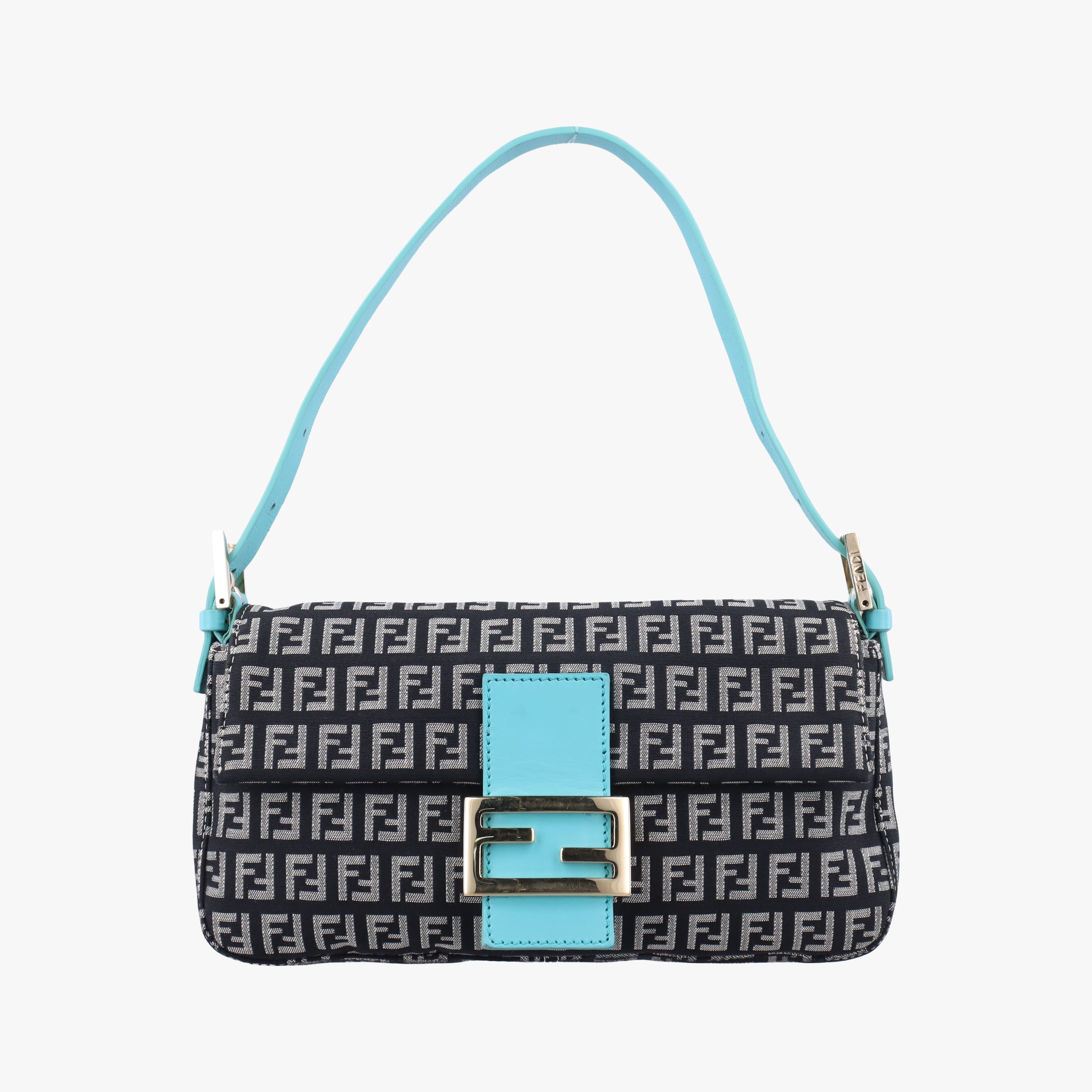 Pre-owned Fendi Mamma Baguette Beige×blue canvas×Leather 23908B shoulderbag | stylenewstar