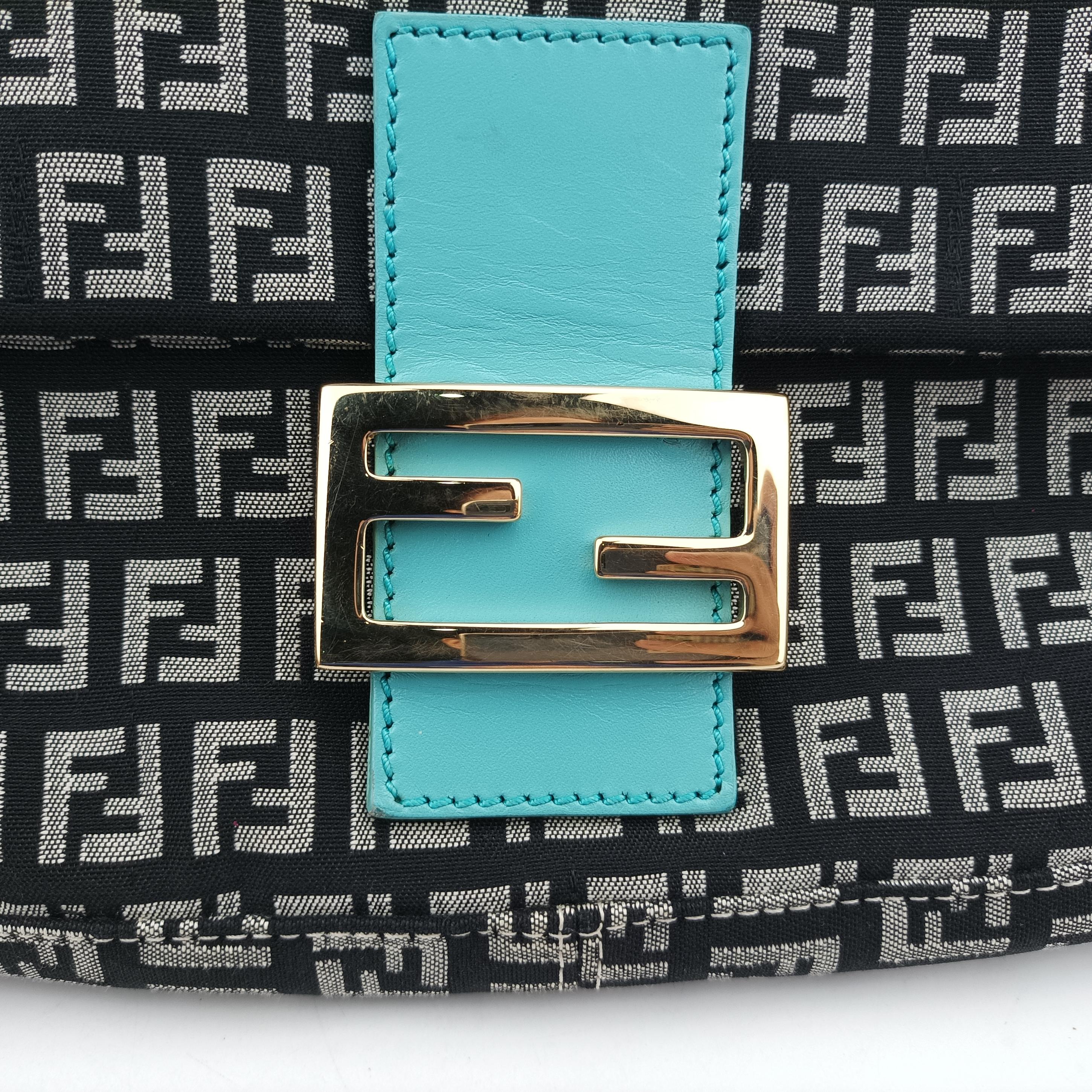 Pre-owned Fendi Mamma Baguette Beige×blue canvas×Leather 23908B shoulderbag | stylenewstar