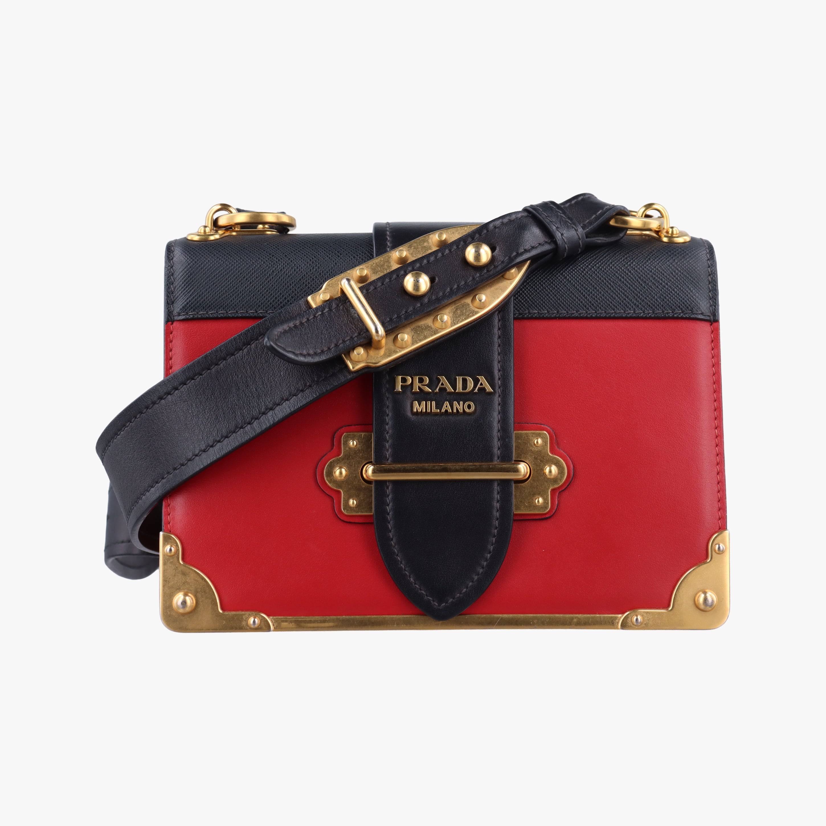 Pre-owned Prada Cahier Red x Black Leather 1BD045 shoulderbag | stylenewstar