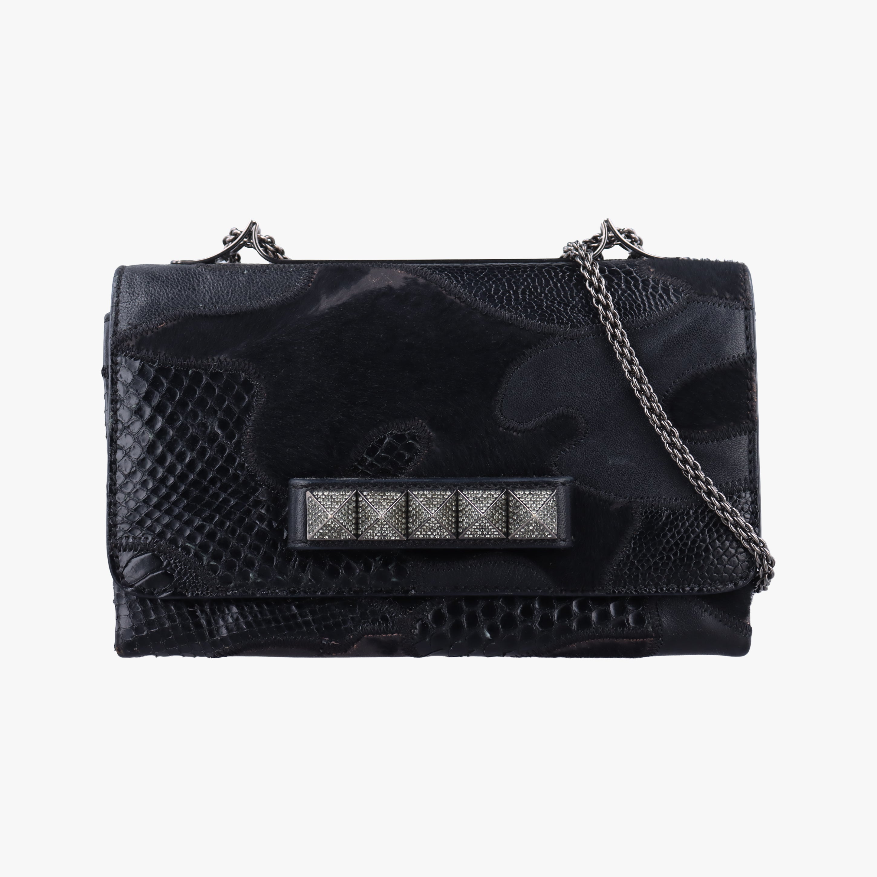 Pre-owned Valentino Rockstud Va Va Voom Black Ponyhair×Leather×Snakeskin  shoulderbag | stylenewstar