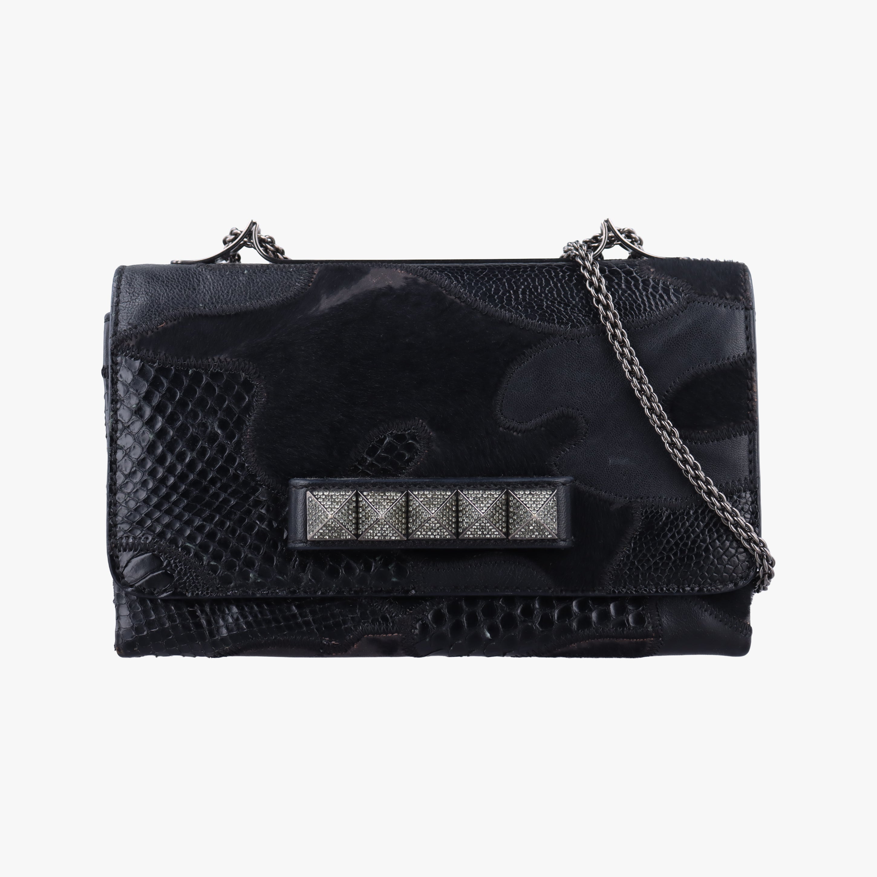 Pre-owned Valentino Rockstud Va Va Voom Black Ponyhair×Leather×Snakeskin  shoulderbag | stylenewstar