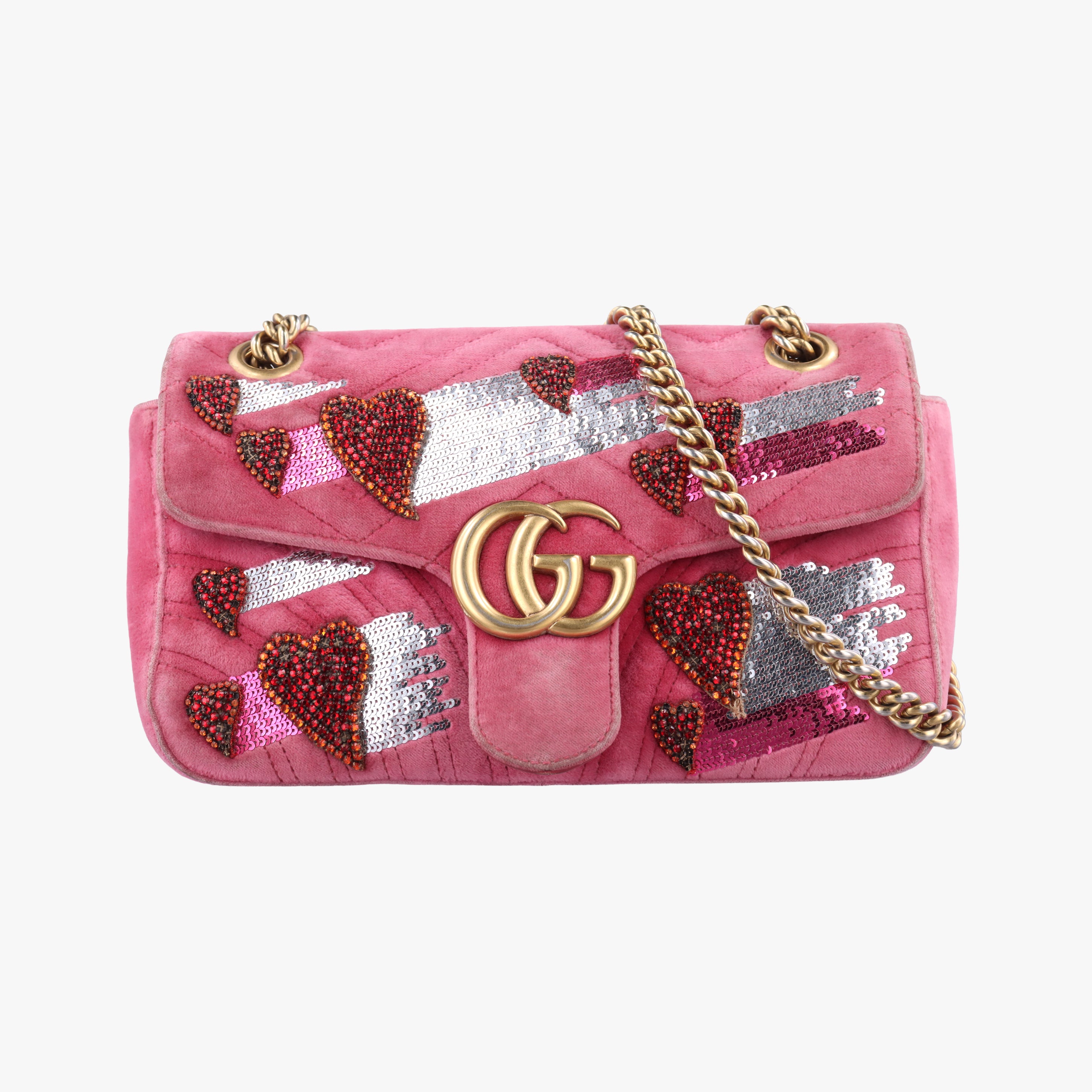 Secondhand Gucci GG Marmont Pink Velour×Sequins 443497 shoulderbag | stylenewstar