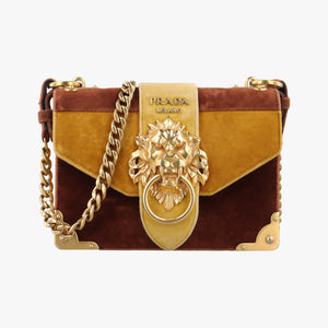 Secondhand Prada Animalier Cahier Lions Head Yellow×Brown Velvet 1BD089 shoulderbag | stylenewstar