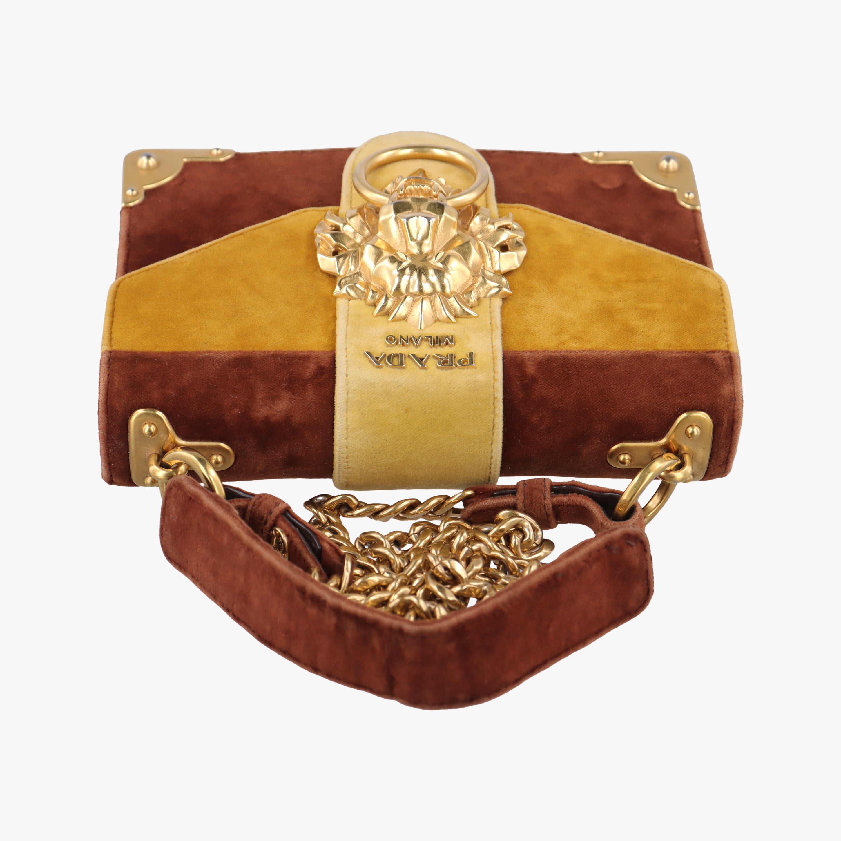 Secondhand Prada Animalier Cahier Lions Head Yellow×Brown Velvet 1BD089 shoulderbag | stylenewstar