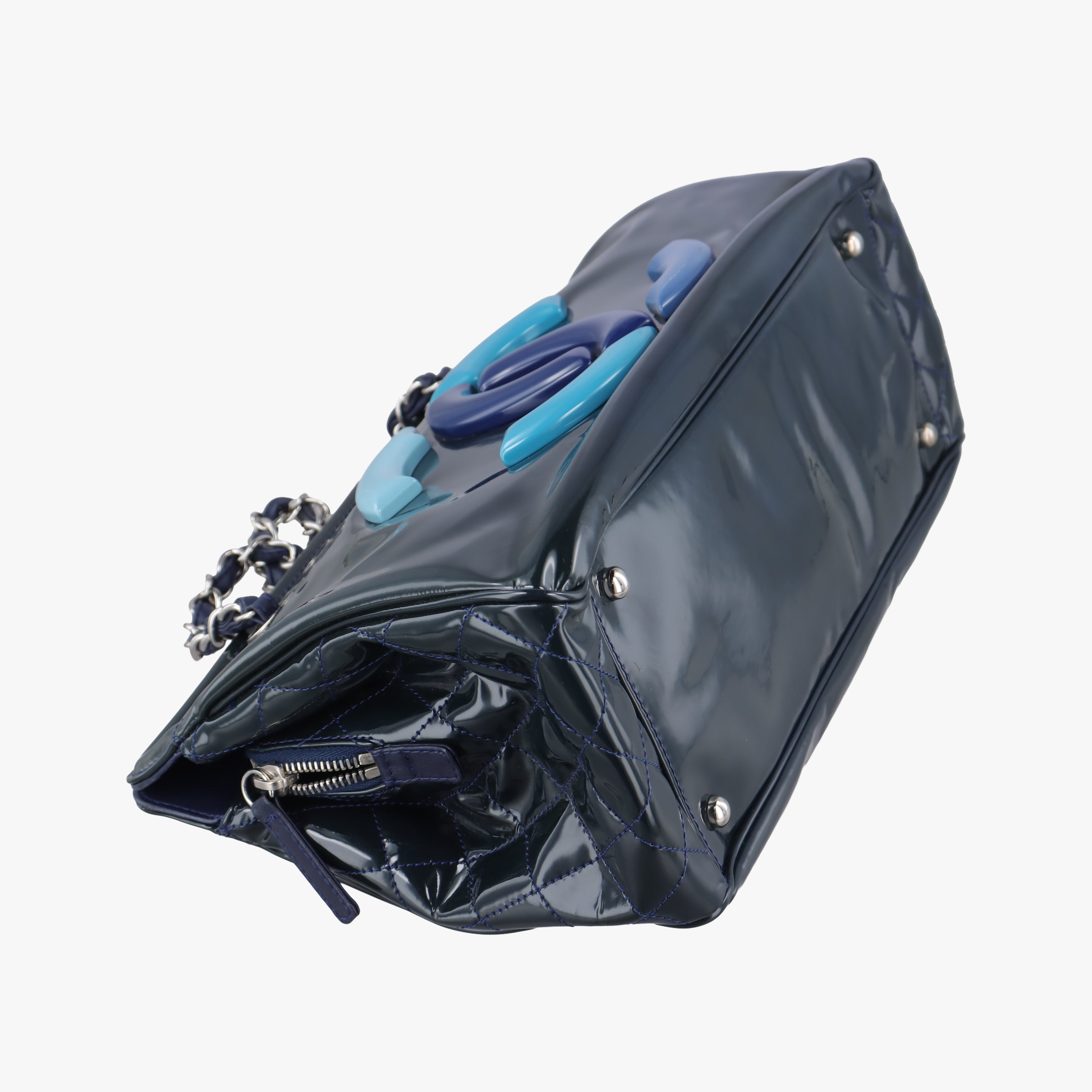 Pre-owned Chanel Paris-Venice Vinyl Lipstick Ligne Blue Patent Leather A47926 shoulderbag | stylenewstar