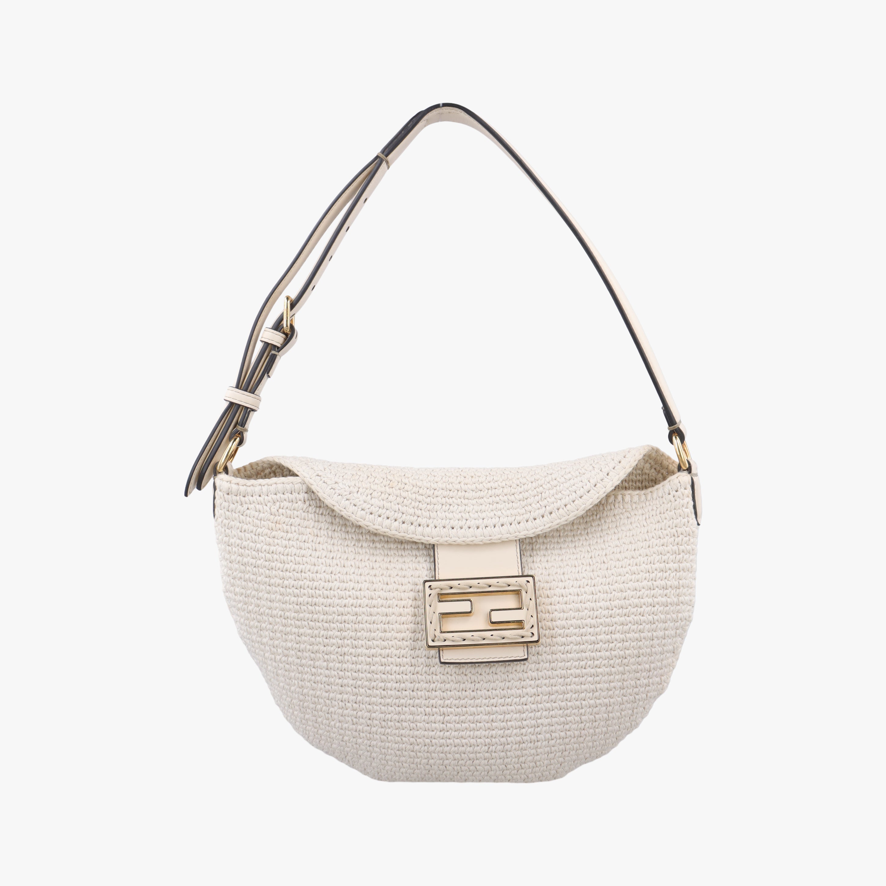 Pre-owned Fendi Croissant Crochet White Fabric × leather 8BR790 shoulderbag | stylenewstar