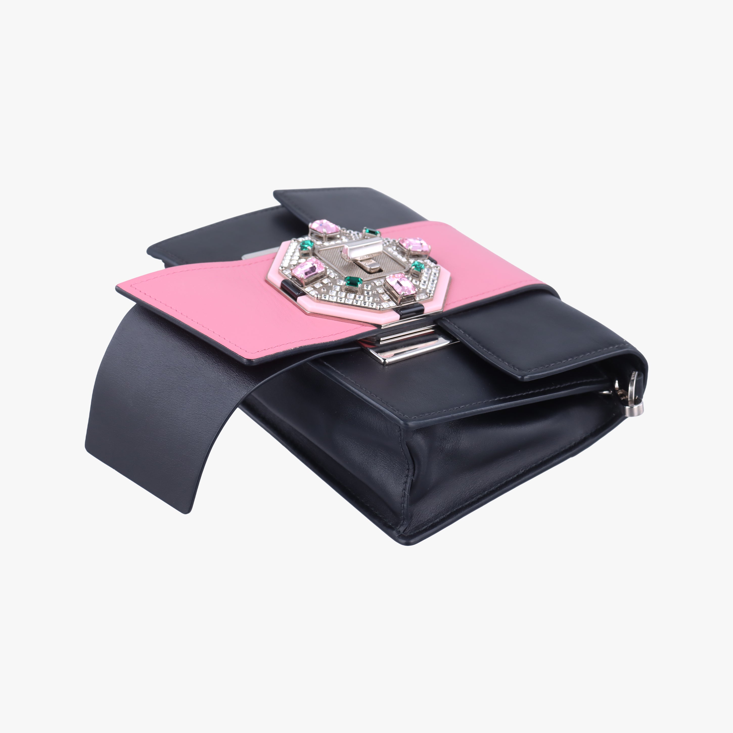 Pre-owned Prada Crystal Ribbons Black×pink×multicolor Leather 1BD067 shoulderbag | stylenewstar