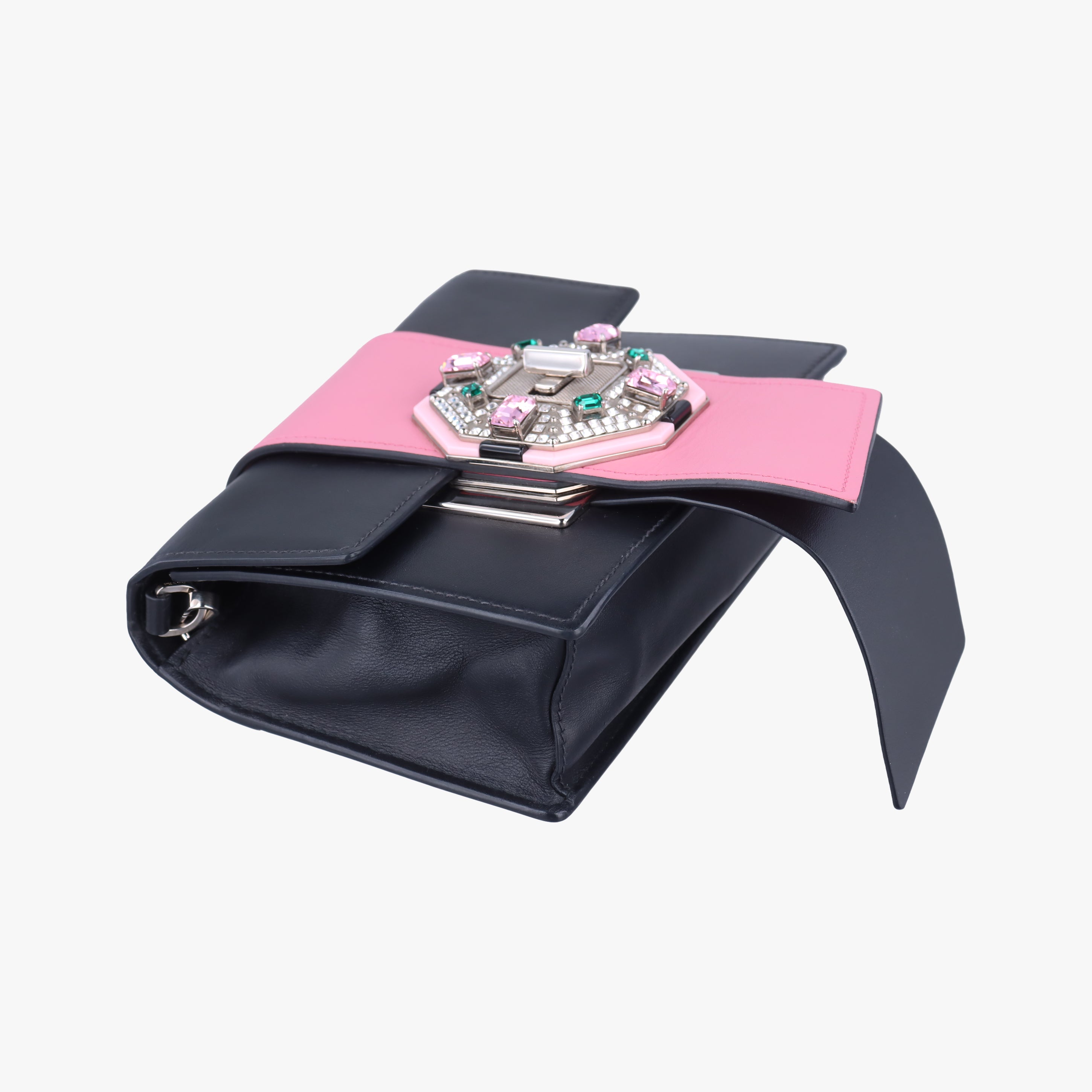 Pre-owned Prada Crystal Ribbons Black×pink×multicolor Leather 1BD067 shoulderbag | stylenewstar