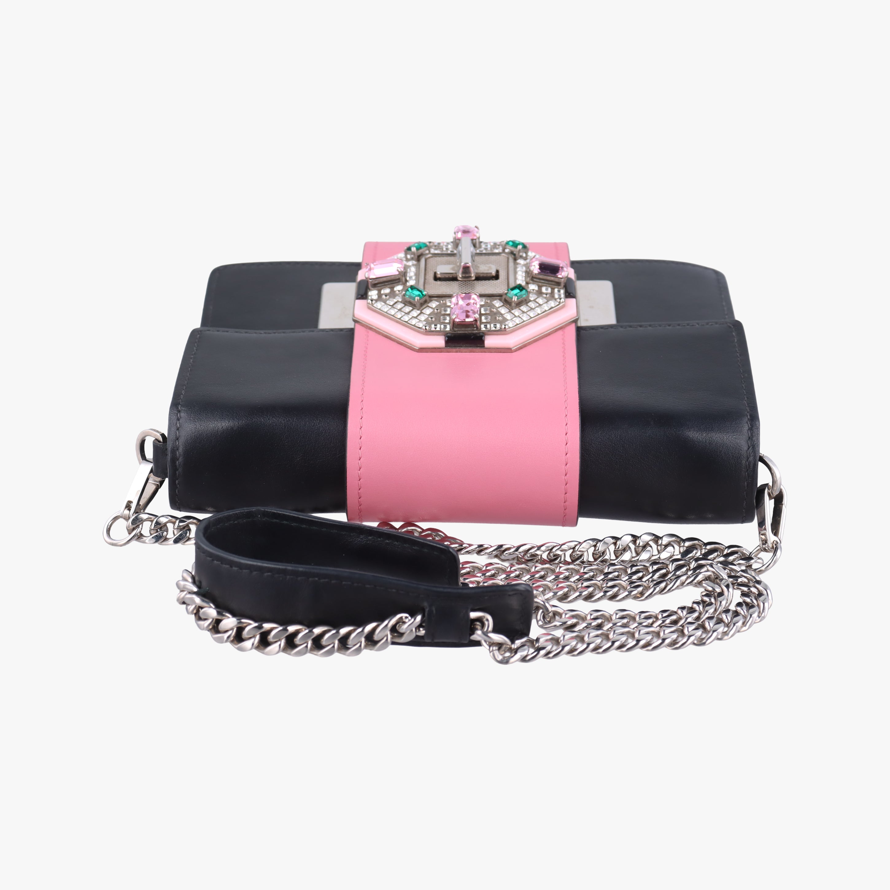 Pre-owned Prada Crystal Ribbons Black×pink×multicolor Leather 1BD067 shoulderbag | stylenewstar