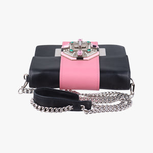 Pre-owned Prada Crystal Ribbons Black×pink×multicolor Leather 1BD067 shoulderbag | stylenewstar