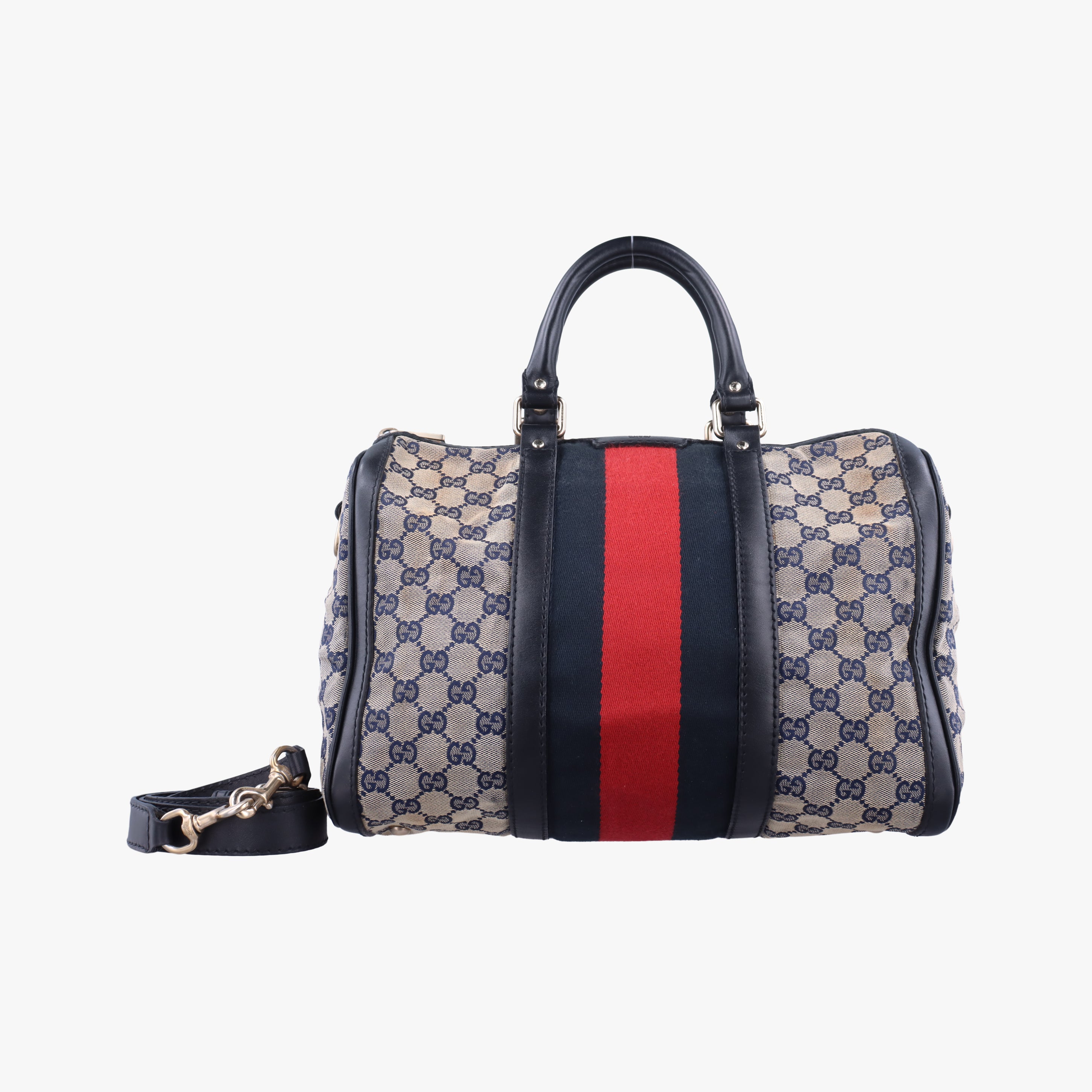 Pre-owned Gucci Sherry Line navy×red×beige canvas×leather 247205 shoulderbag | stylenewstar