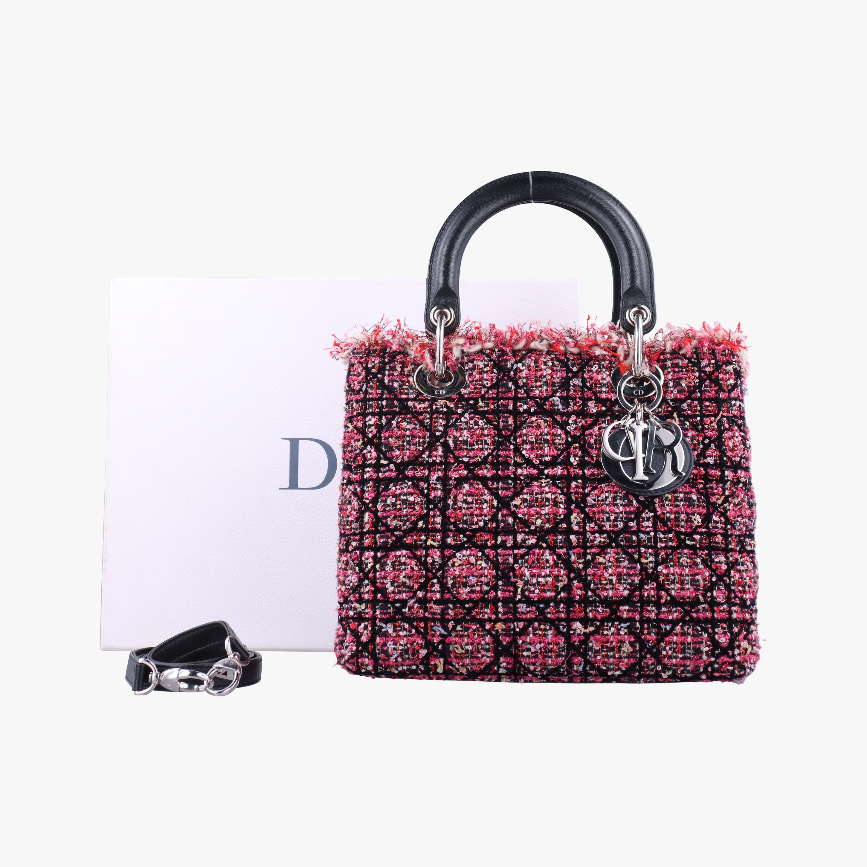 Pre-owned Christian Dior Lady Dior Pink×Black×Multicolour woolen × lambskin  shoulderbag | stylenewstar