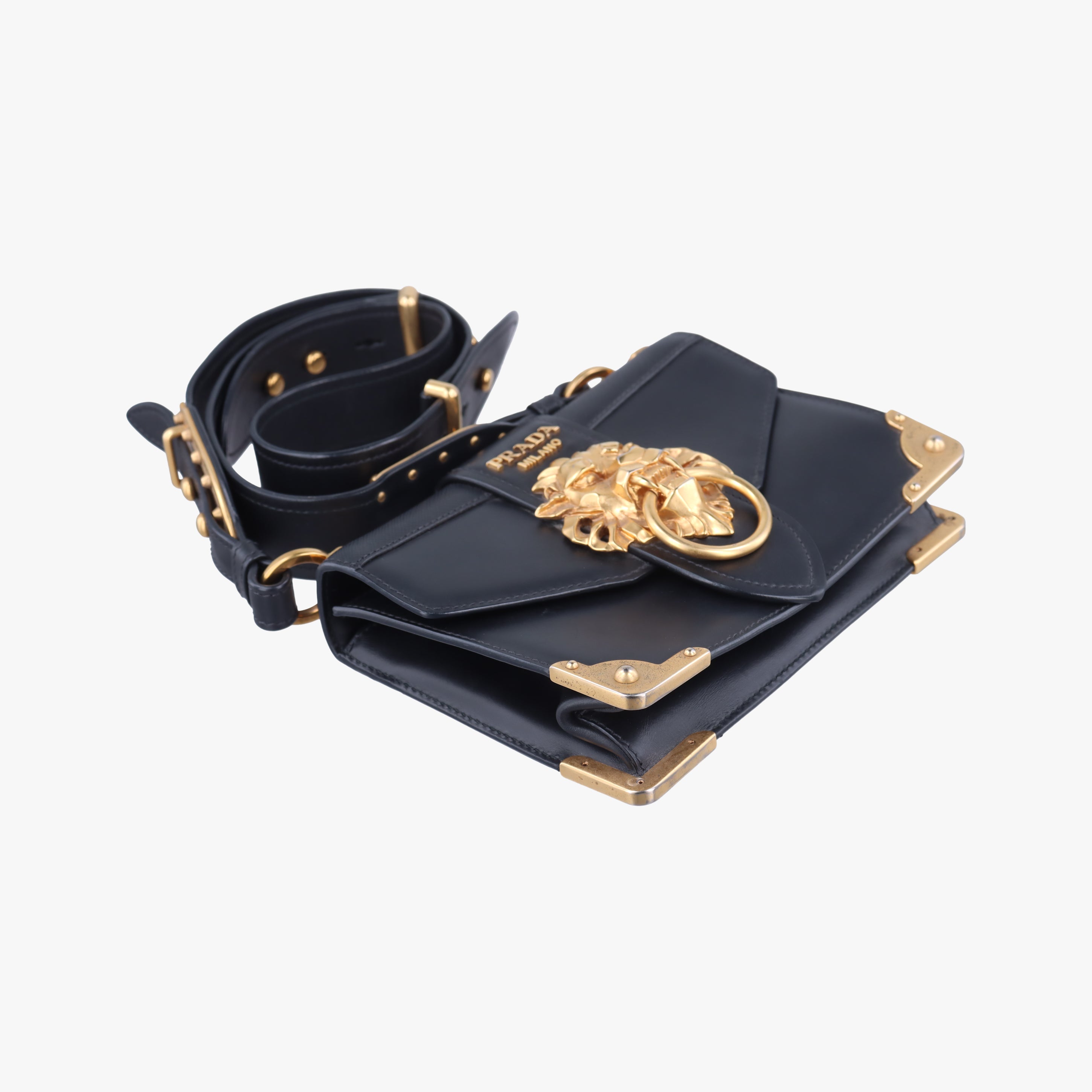 Pre-owned Prada Animalier Cahier Lions Head Black Leather 1BD089 shoulderbag | stylenewstar