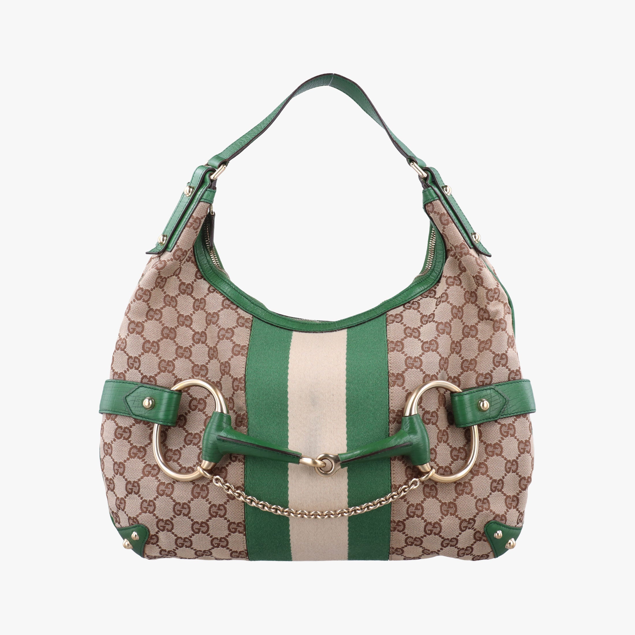 Pre-owned Gucci Horsebit Beige x Green x White canvas×leather 131026 shoulderbag | stylenewstar