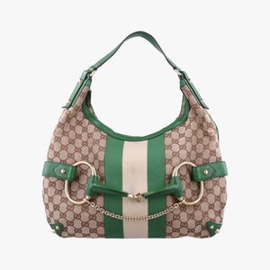 Pre-owned Gucci Horsebit Beige x Green x White canvas×leather 131026 shoulderbag | stylenewstar