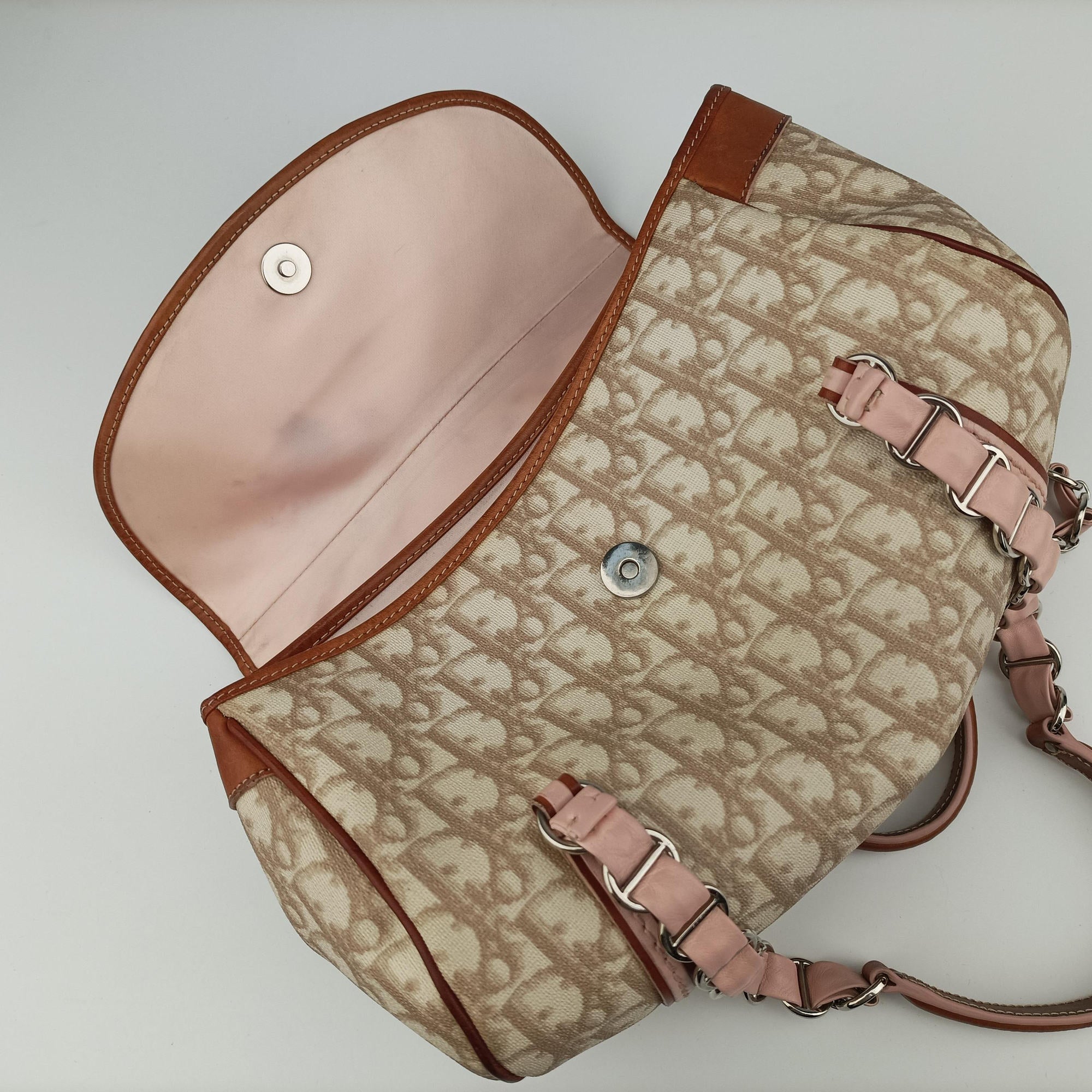 Pre-owned Christian Dior Romantique Trotter Beige x White x Pink PVC Coated Canvas x leather  shoulderbag | stylenewstar