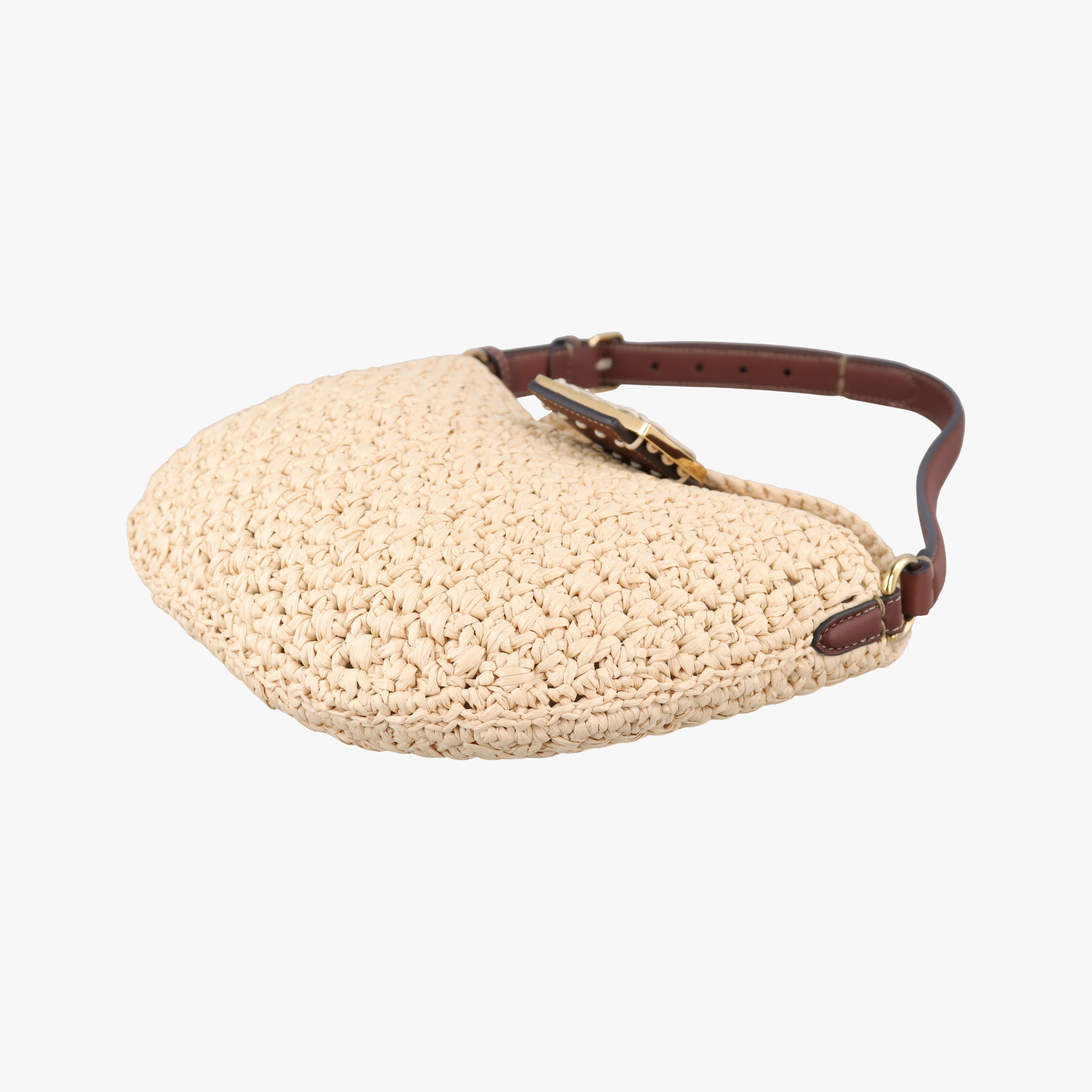 Pre-owned Fendi Croissant Crochet Beige straw 8BR790 shoulderbag | stylenewstar