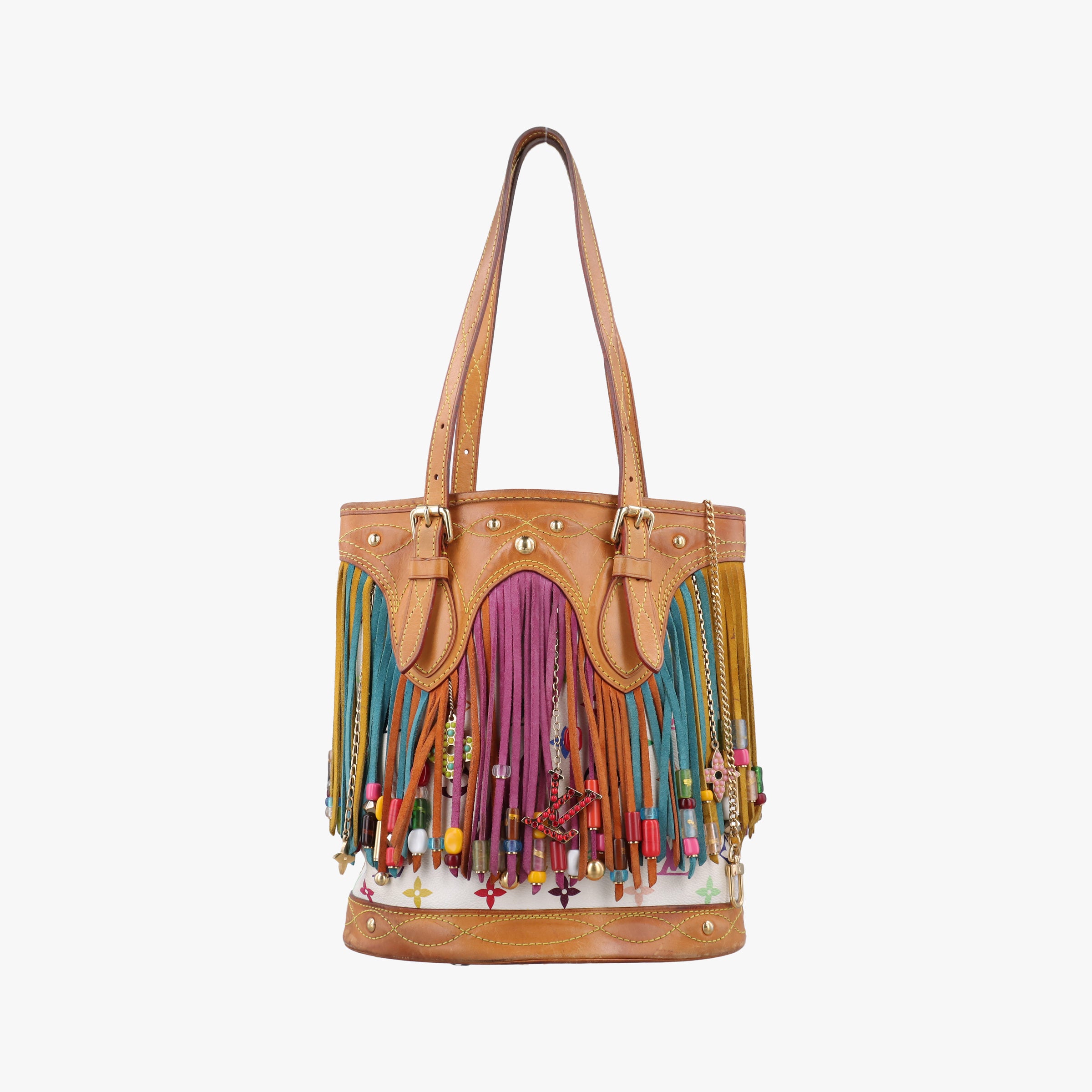 Vintage Louis Vuitton Fringe Bucket Bag Blanc × Multicolor Monogram Multicolore Coated Canvas × Suede Fringe M40109 handbag | stylenewstar