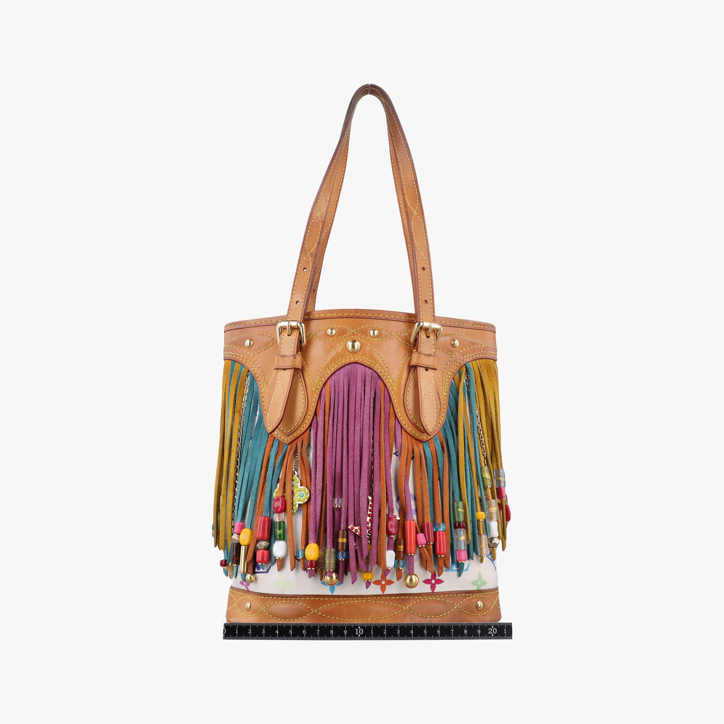 Vintage Louis Vuitton Fringe Bucket Bag Blanc × Multicolor Monogram Multicolore Coated Canvas × Suede Fringe M40109 handbag | stylenewstar