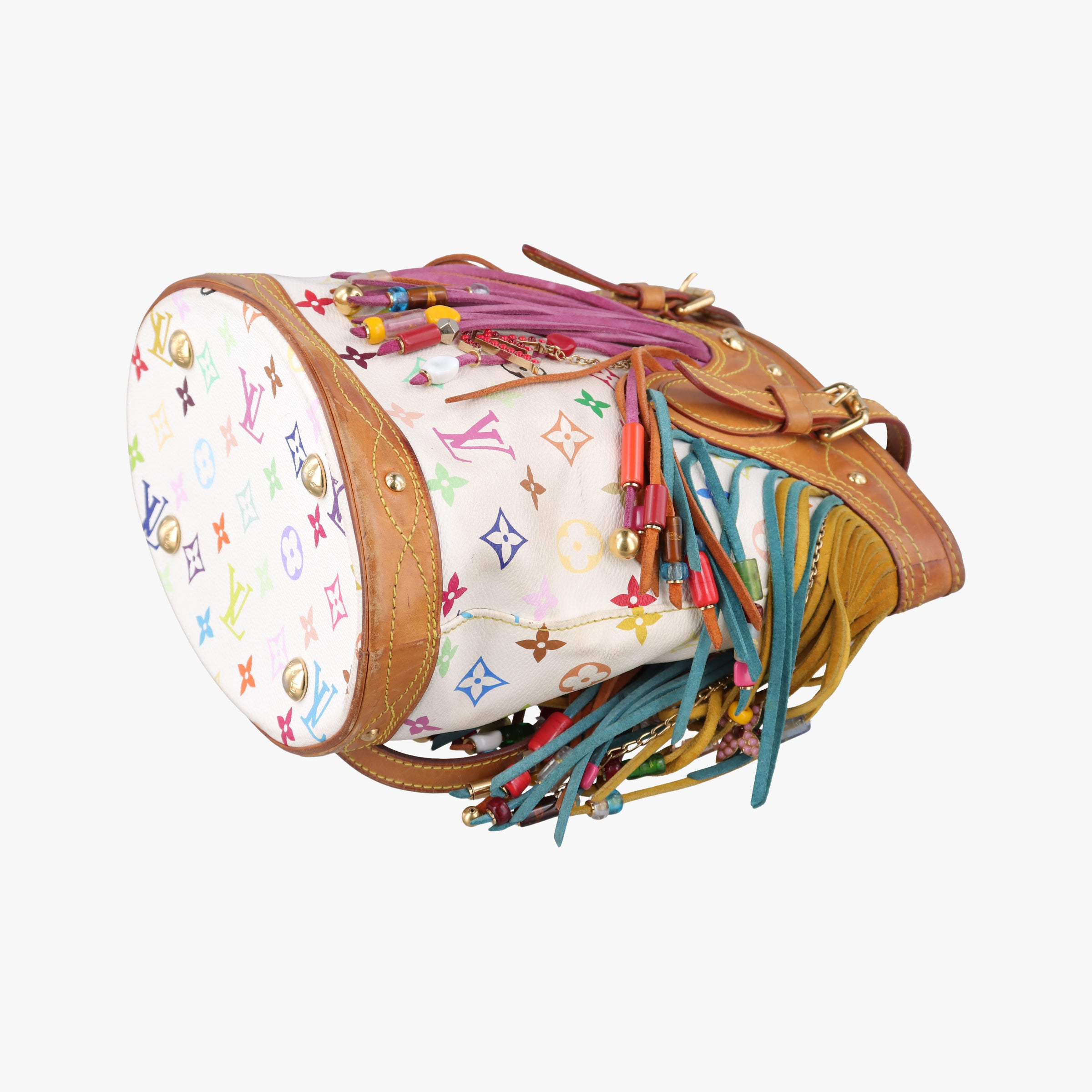 Vintage Louis Vuitton Fringe Bucket Bag Blanc × Multicolor Monogram Multicolore Coated Canvas × Suede Fringe M40109 handbag | stylenewstar