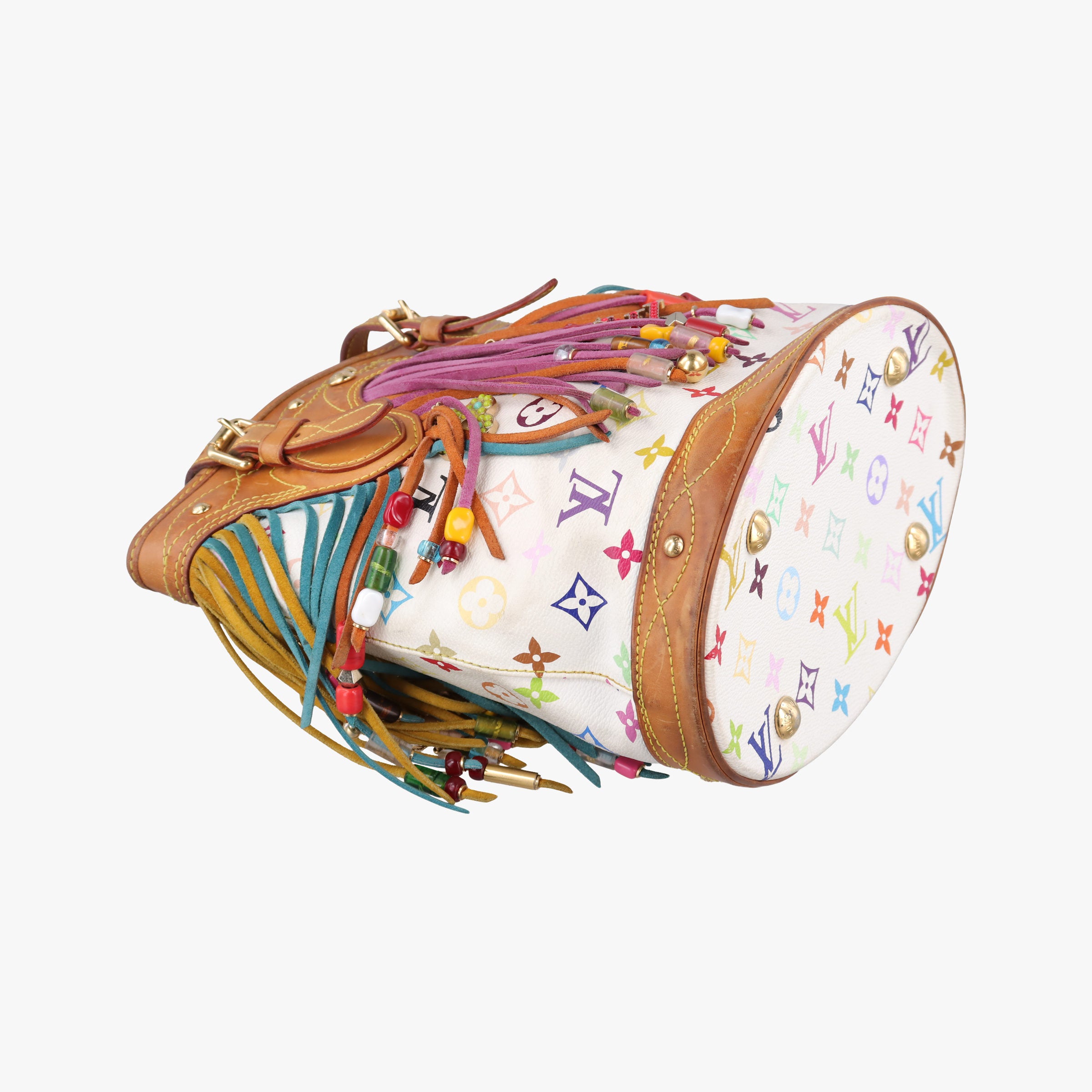 Vintage Louis Vuitton Fringe Bucket Bag Blanc × Multicolor Monogram Multicolore Coated Canvas × Suede Fringe M40109 handbag | stylenewstar