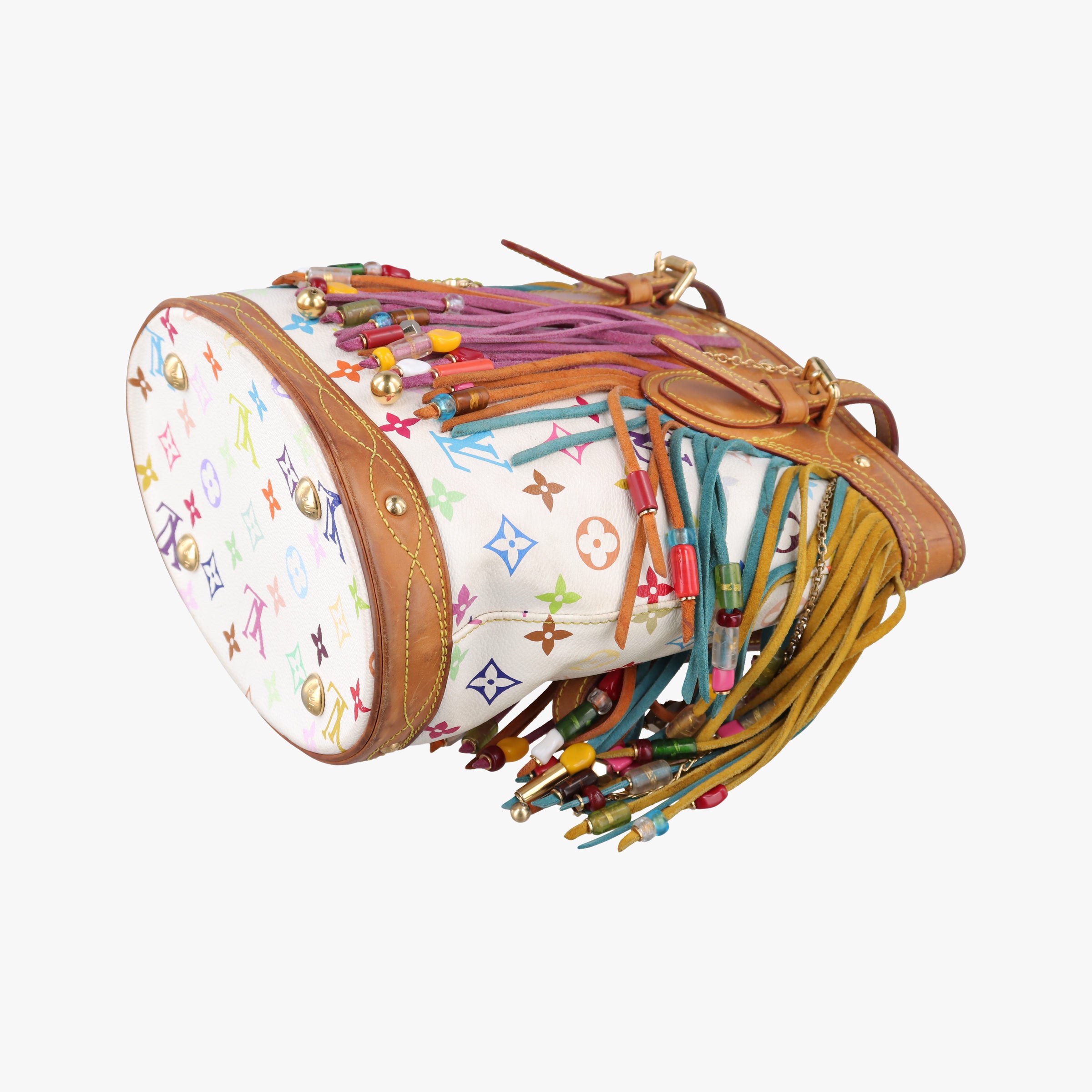 Vintage Louis Vuitton Fringe Bucket Bag Blanc × Multicolor Monogram Multicolore Coated Canvas × Suede Fringe M40109 handbag | stylenewstar