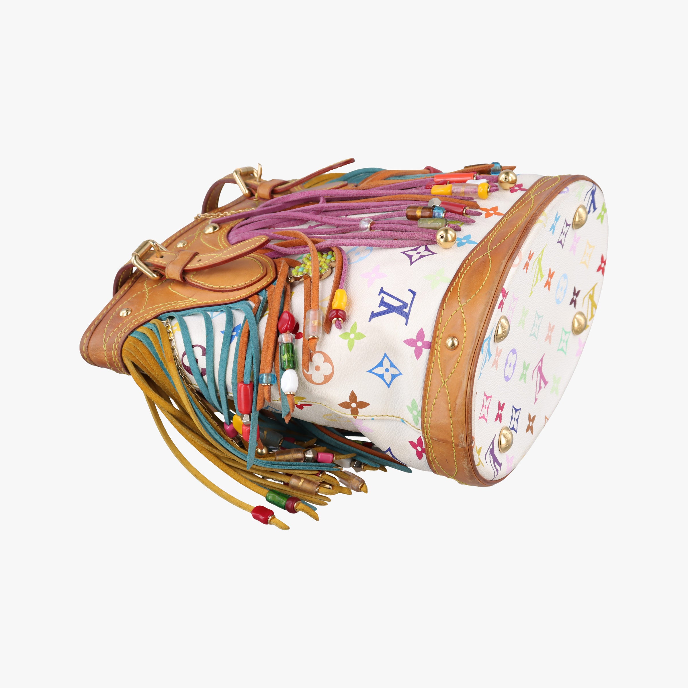 Vintage Louis Vuitton Fringe Bucket Bag Blanc × Multicolor Monogram Multicolore Coated Canvas × Suede Fringe M40109 handbag | stylenewstar