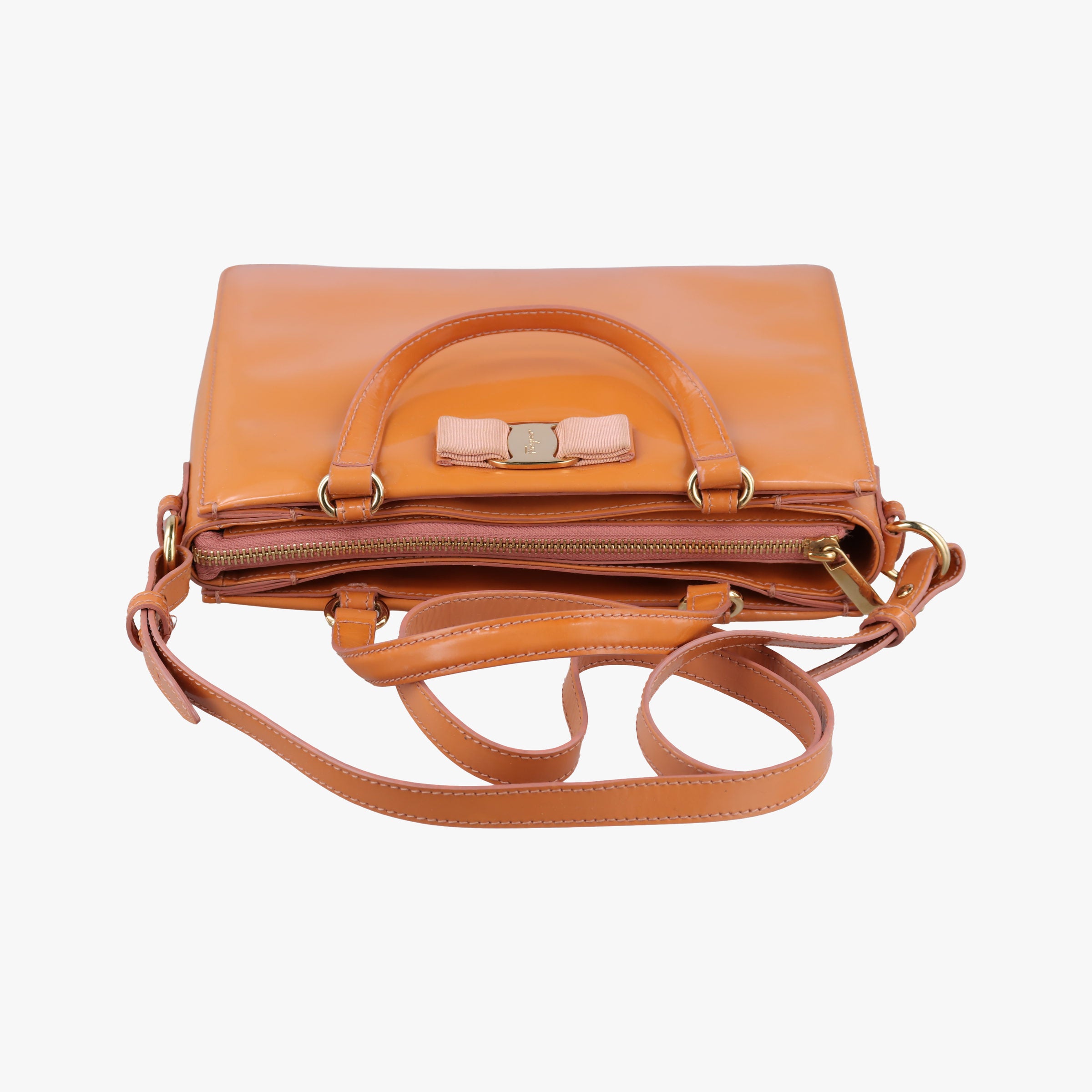 Pre-owned Ferragamo Vara Bow Caramel Patent  shoulderbag | stylenewstar