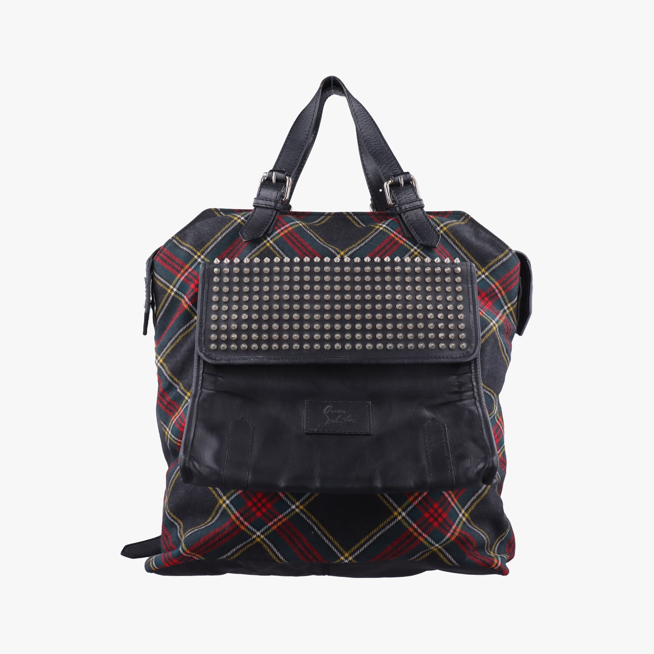 Pre-owned Christian Louboutin Syd Spiked Red Tartan × Black Canvas/Velvet × Calfskin  backpack/rucksack | stylenewstar
