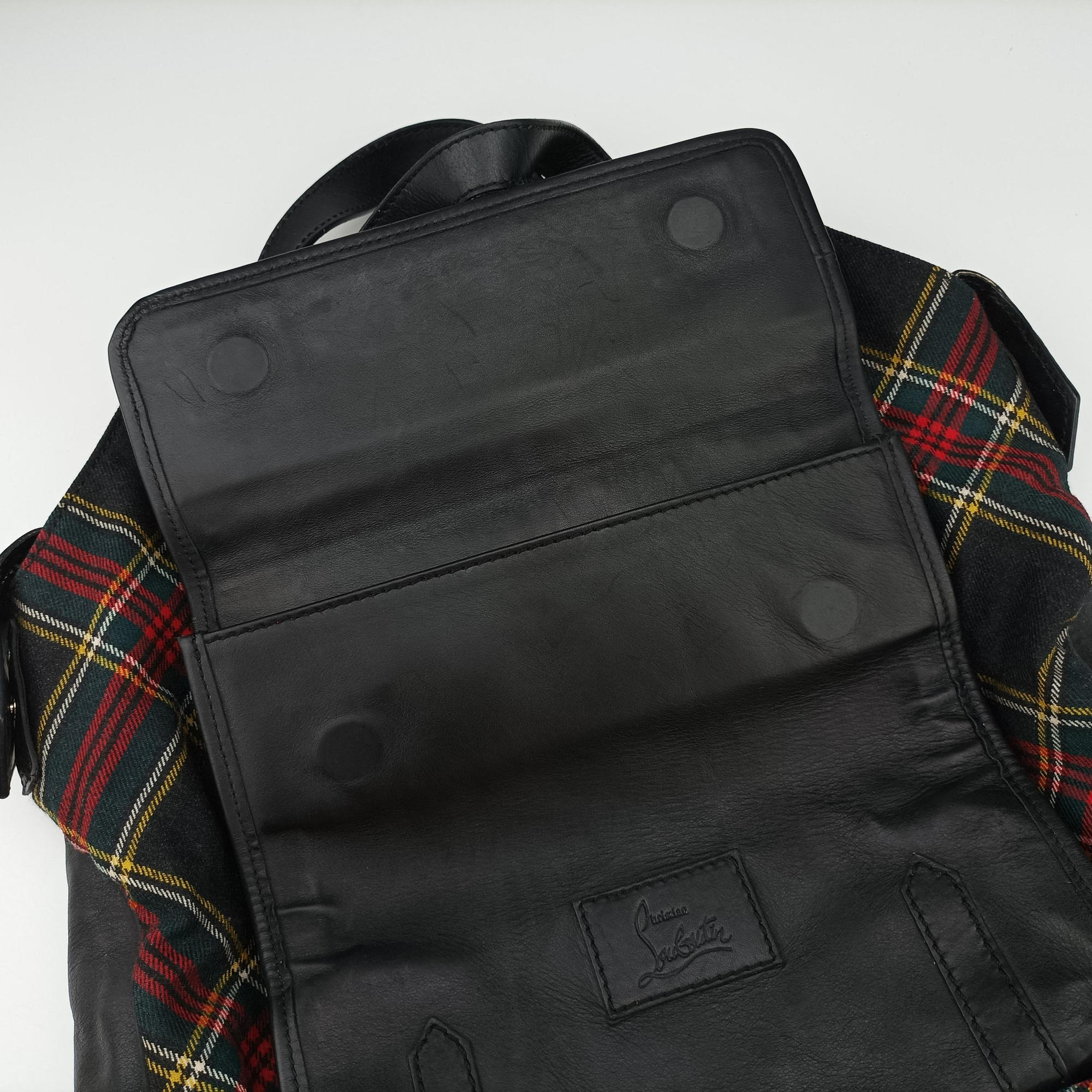 Pre-owned Christian Louboutin Syd Spiked Red Tartan × Black Canvas/Velvet × Calfskin  backpack/rucksack | stylenewstar