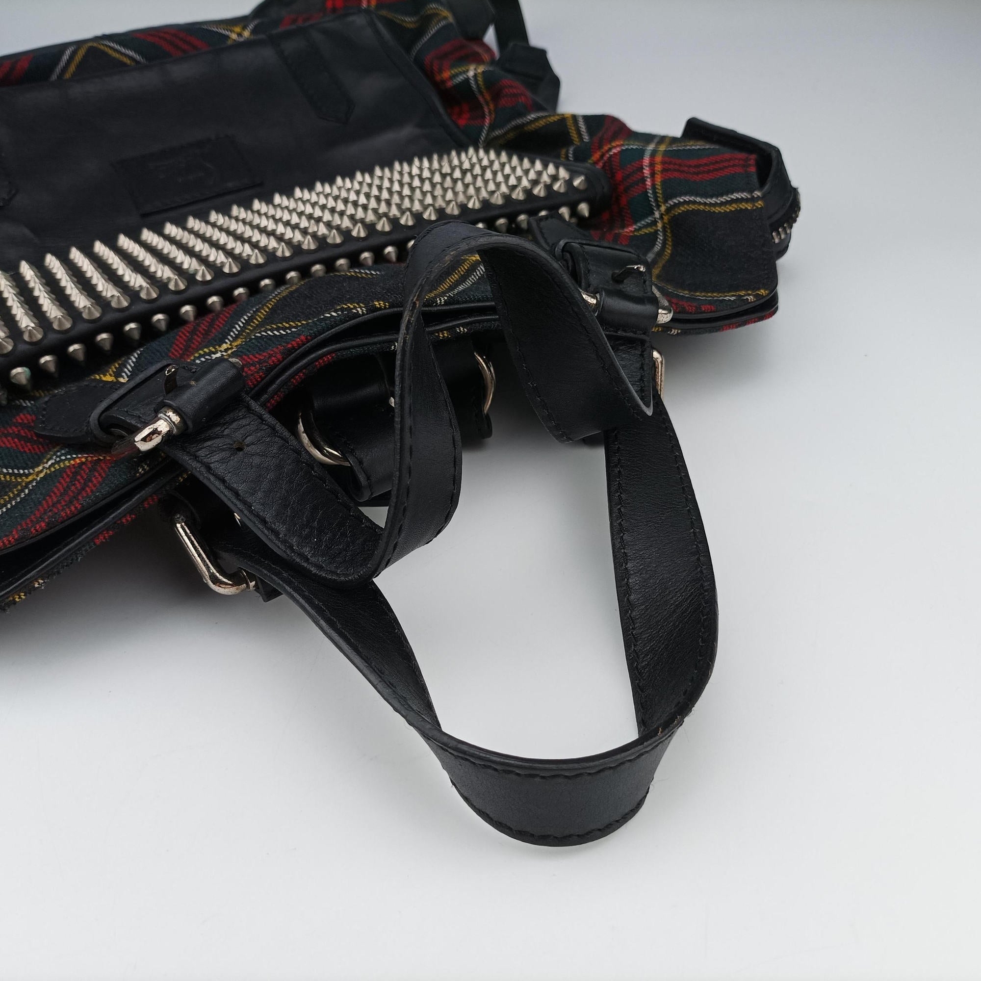 Pre-owned Christian Louboutin Syd Spiked Red Tartan × Black Canvas/Velvet × Calfskin  backpack/rucksack | stylenewstar